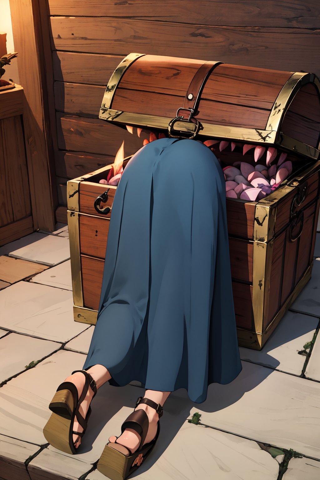 (masterpiece),4K,best quality,1girl,marcille donato\donato marcille\(delicious in dungeon\),dark blue dress,long dress,brown belt,belt pouch,sandals,(trembling effect),mimicmeme, from from behind,mimic, mimic chest,(treasure chest),dungeon,