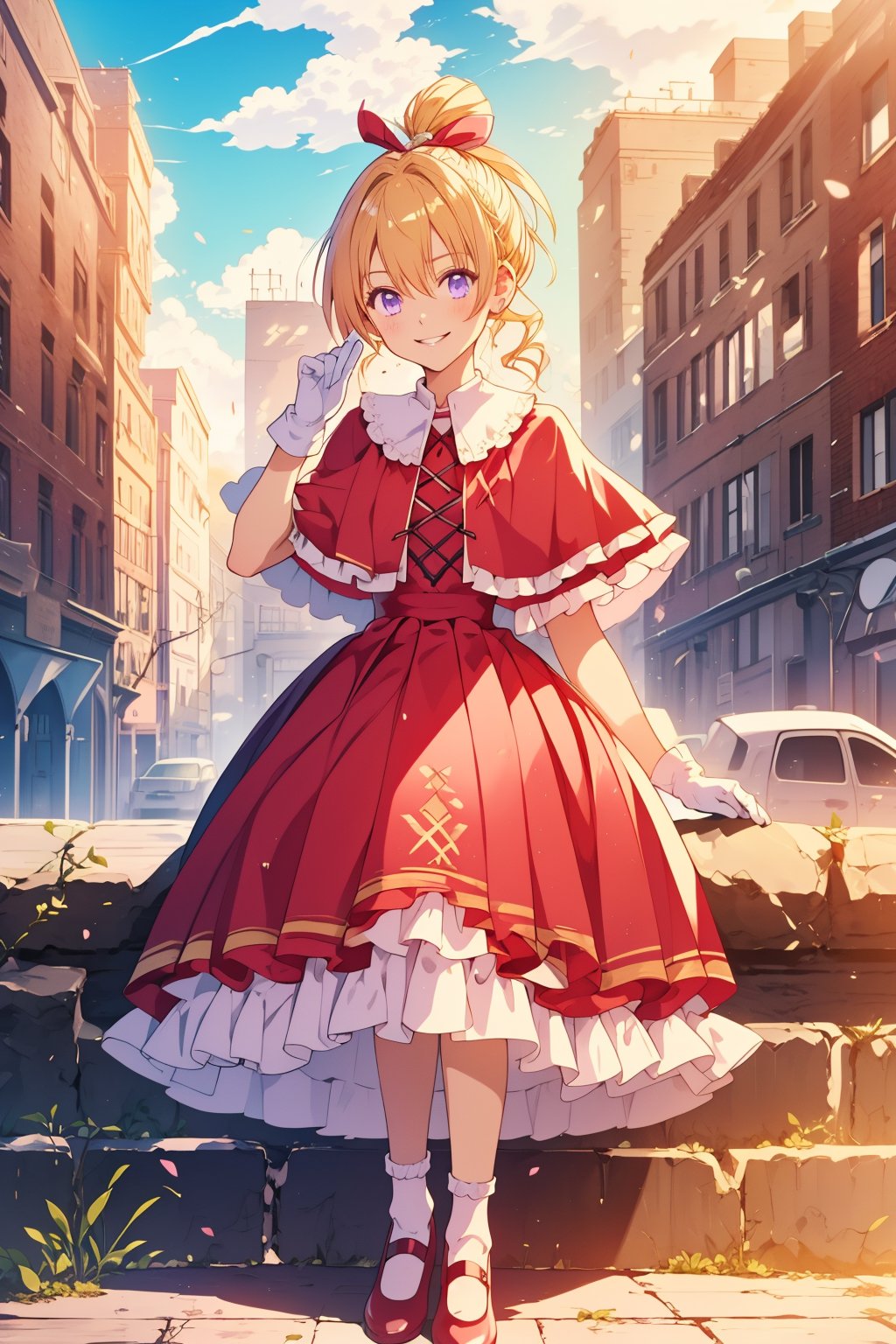 biscuit krueger\krueger biscuit\hunter x hunter\,(full body),standing,1girl,(masterpiece,4k,best quality),pixiv,detailed eyes,tiny girl,hair between eyes,ahoge,biskywz,blonde hair,bangs,ponytail,long hair,drill hair,hair ribbon,red and pink dress,(frilled dress),(red capelet),(white gloves),purple eyes,architecture,smile,elegant posture,bobby socks,mary janes,(curtsey),lifted by self,(beautiful female fingers,good hands),crossed legs,