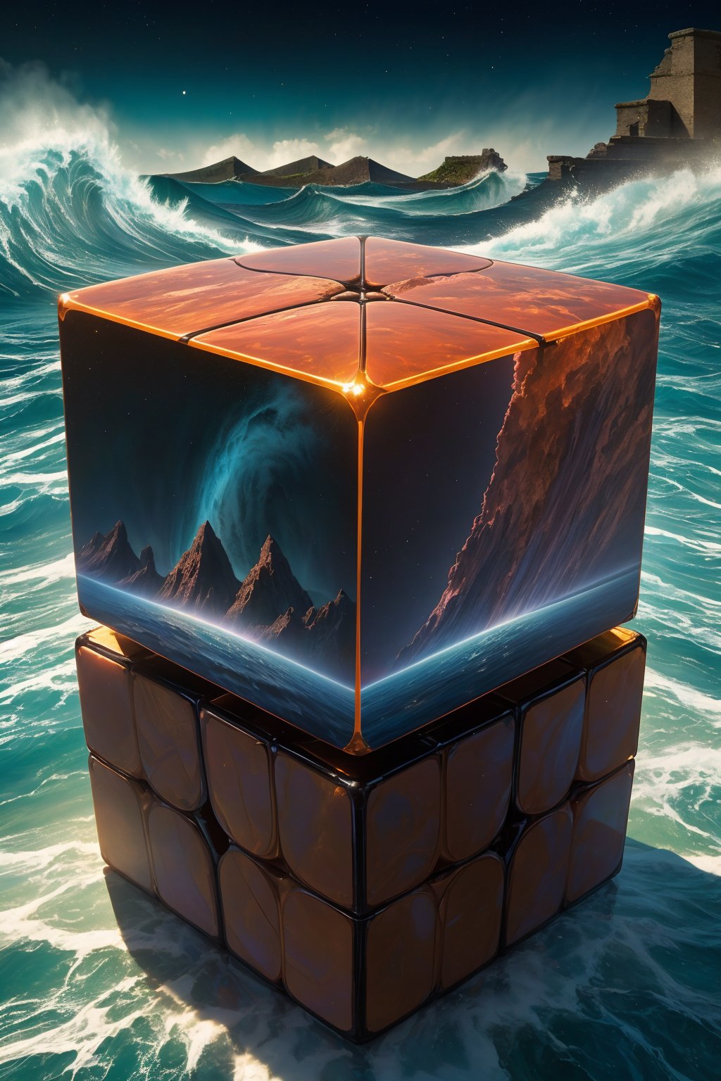 masterpiece,4K,best quality,visual appeal,fantasy,from above,(cube),ancient ruins background,three visible sides of the cube display distinct perspectives:one side shows the sunny garden,another showcases the universe and nebulae,while the third side shows lava and huge waves,