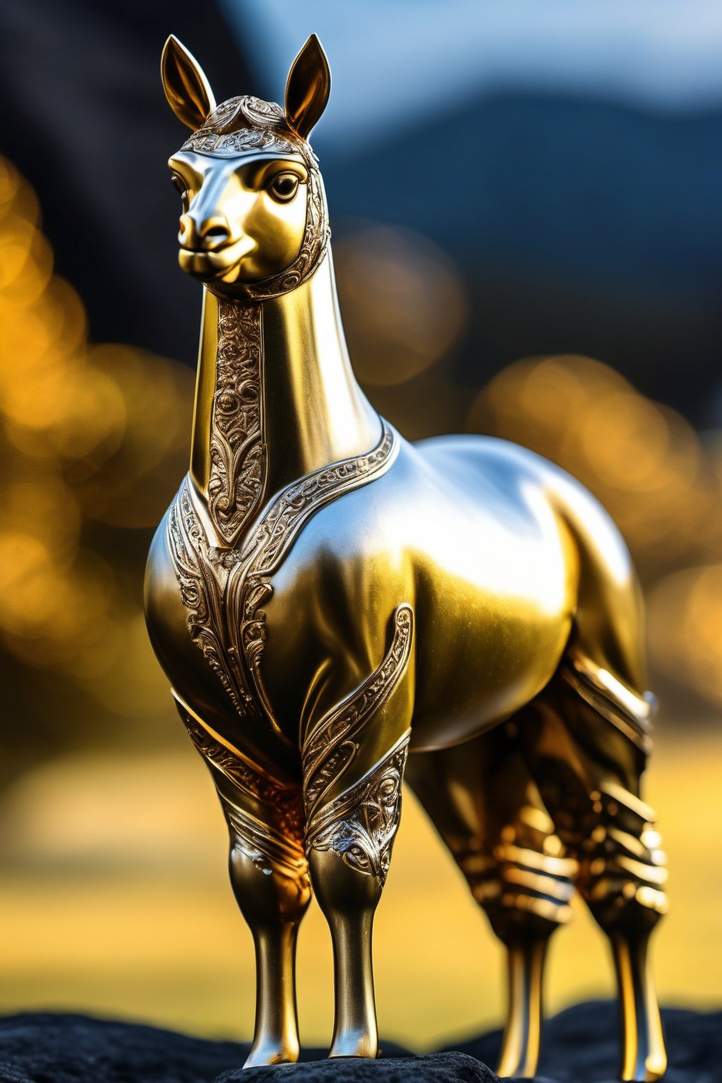 a detailed photo of a brushed metal golden alpaca,by hajime sorayama,bokeh background,(full body: 1.4),hajime sorayama,macro photography,trending on artstation, sharp focus, studio photo,metal,3D rendering,extremely excellent composition,intricate details,8k Ultra HD,RAW photo,HDR (High Dynamic Range),sprinting,running,dynamic pose,