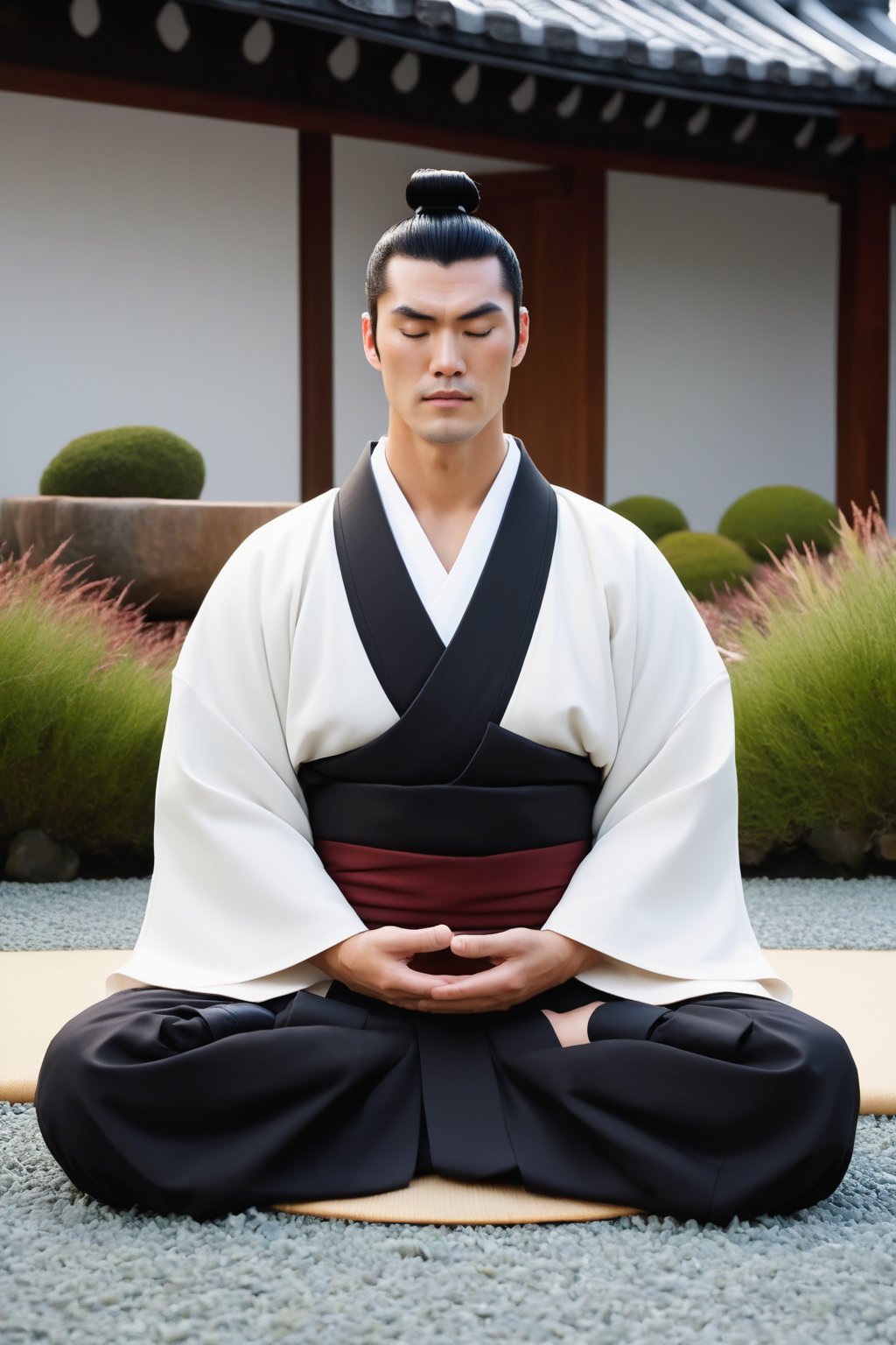 best quality,masterpiece,samurai jack\,black hair,short hair,samurai topknot,single topknot,black eyes,japanese clothing,white kimono with grey accents,barefoot,dutch angle,cowboy shot,(zen garden,Japanese garden),(sitting,crossed legs,あぐらをかく,盤腿坐),(meditation,closed eyes),(dhyana mudra pose,symmetrically correct hands and fingers),(far away shot),(masculine,manly),