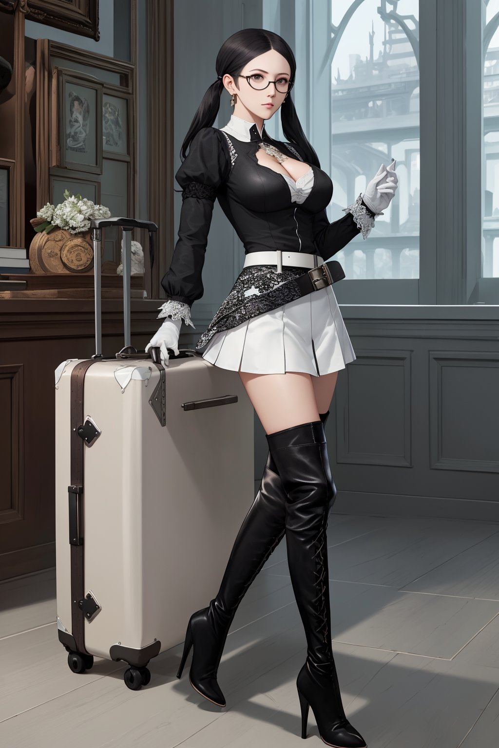 4K,masterpiece,best quality,1girl,full body,(((accord \(drakengard 3\)))),large breasts,black hair,long hair,low twintails,(blunt bangs),extremely detailed face,extremely detailed eyes,((glasses (round frame))),earrings,white collarless shirt,white detached collar,black ladies tie,long sleeves,juliet sleeves,(cufflinks),black gloves,belt,black flared skirt(short skirt),(white pantyhose),((black over-the-knee boots)),black lace-up front boots,(black high heels),huge suitcase,huge collectors briefcase,holding,book,holding book,open book,architecture,