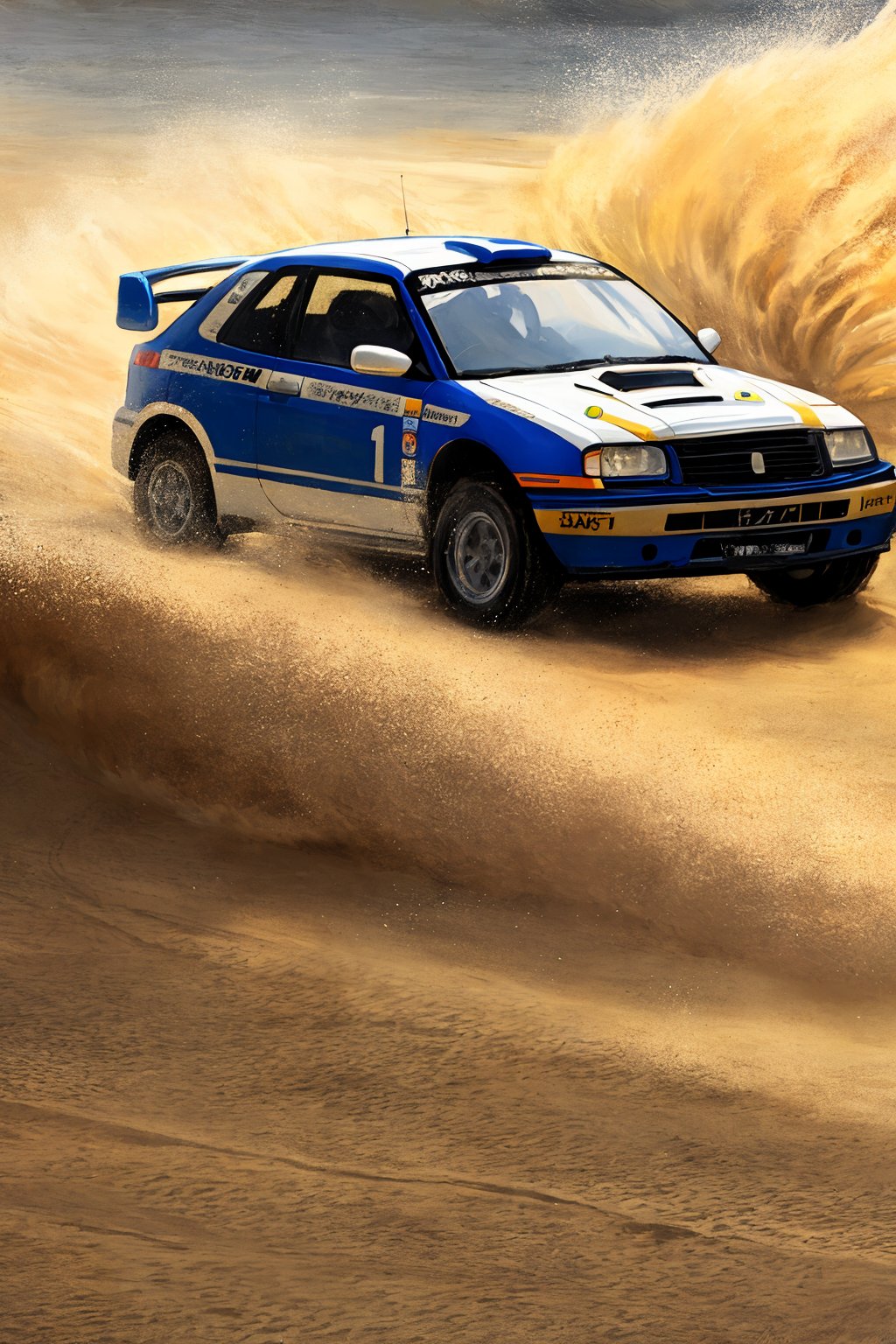 oil painting style,sandy land,white rally car,motion blur,sand dust,tire close-up,