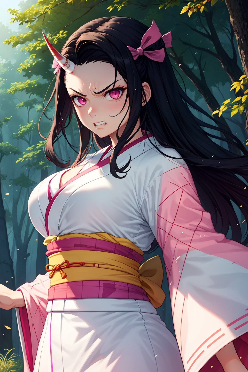 1girl,(huge muscle,muscular),nezuko kamado,single horn,angry,fang,clenched teeth,black hair, forehead,hair ribbon, long hair, multicolored hair, pink eyes, orange hair, slit pupils, wavy hair, two-tone hair, asa no ha (pattern), checkered sash, haori, japanese clothes, kimono, long sleeves, obi, pink kimono, sash, wide sleeves,forest,dynamic angle,dynamic pose,extremely excellent composition,visual appeal,pointed nails,