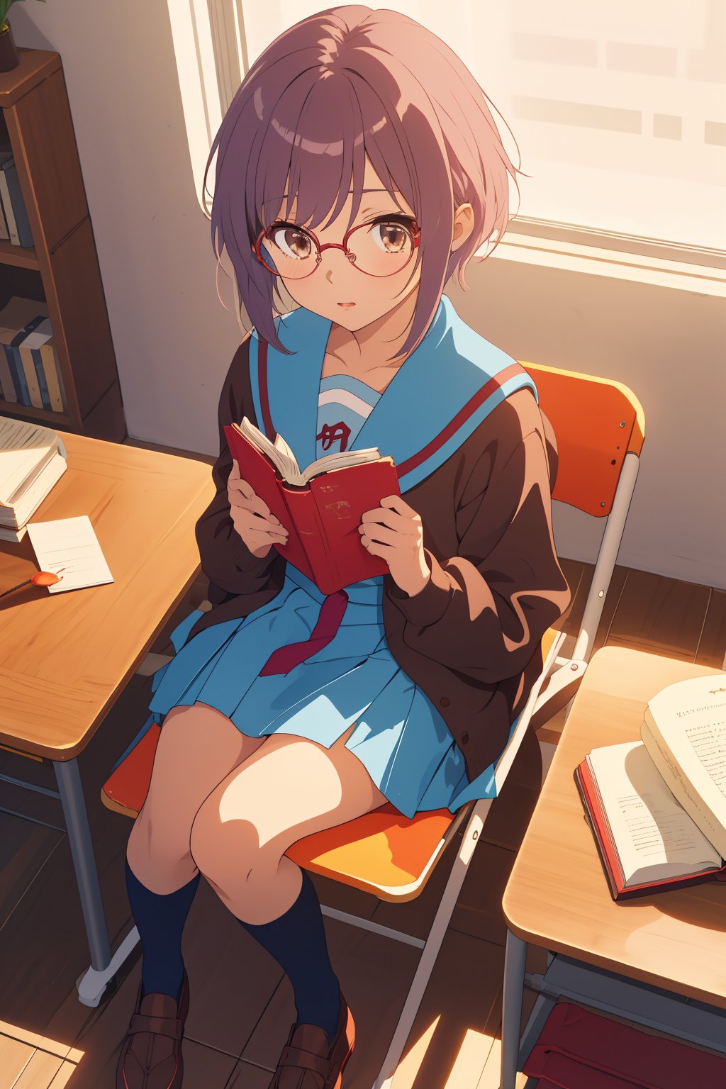 score_9, score_8_up, score_7_up, source_anime,best quality,highres,ny1,nagato yuki\,(detailed eyes),full body,from front,from above,solo,short hair,bangs,purple hair,glasses,brown eyes,blue sailor collar,serafuku,red ribbon,blue skirt,long sleeves,brown cardigan,open cardigan,kita high school uniform,indoors,folding chair,sitting,book,holding book,open book,socks,uwabaki,look up,alien,