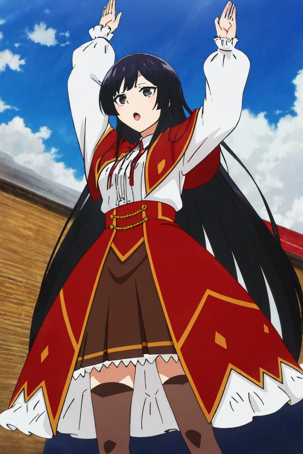 score_9, score_8_up, score_7_up, source_anime, (from below),cowboy shot,cute and adorable,kawaii,yumielladolkness,black hair,very long hair,black eyes,red cape,brown pleated skirt,red front skirt,chibi,in front of school,sky,simple style,(hands raised,black hole),