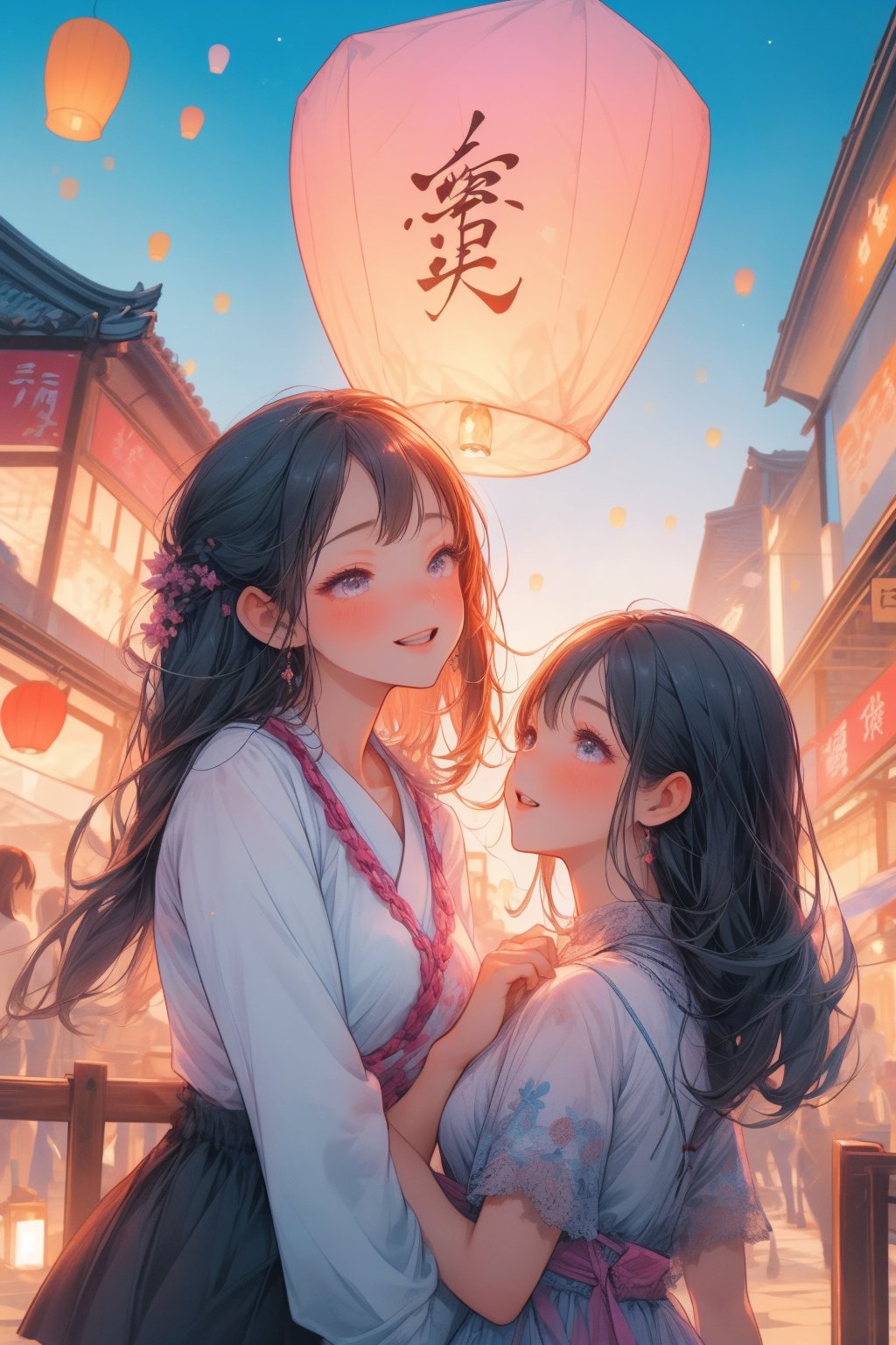 (masterpiece,best quality,4K),sky lantern,(2 girls),multiple people,visual appeal,expressiveh,volumetric light,east asian architecture,multiple sky lanterns,densely packed,laughter and joy,grinning,