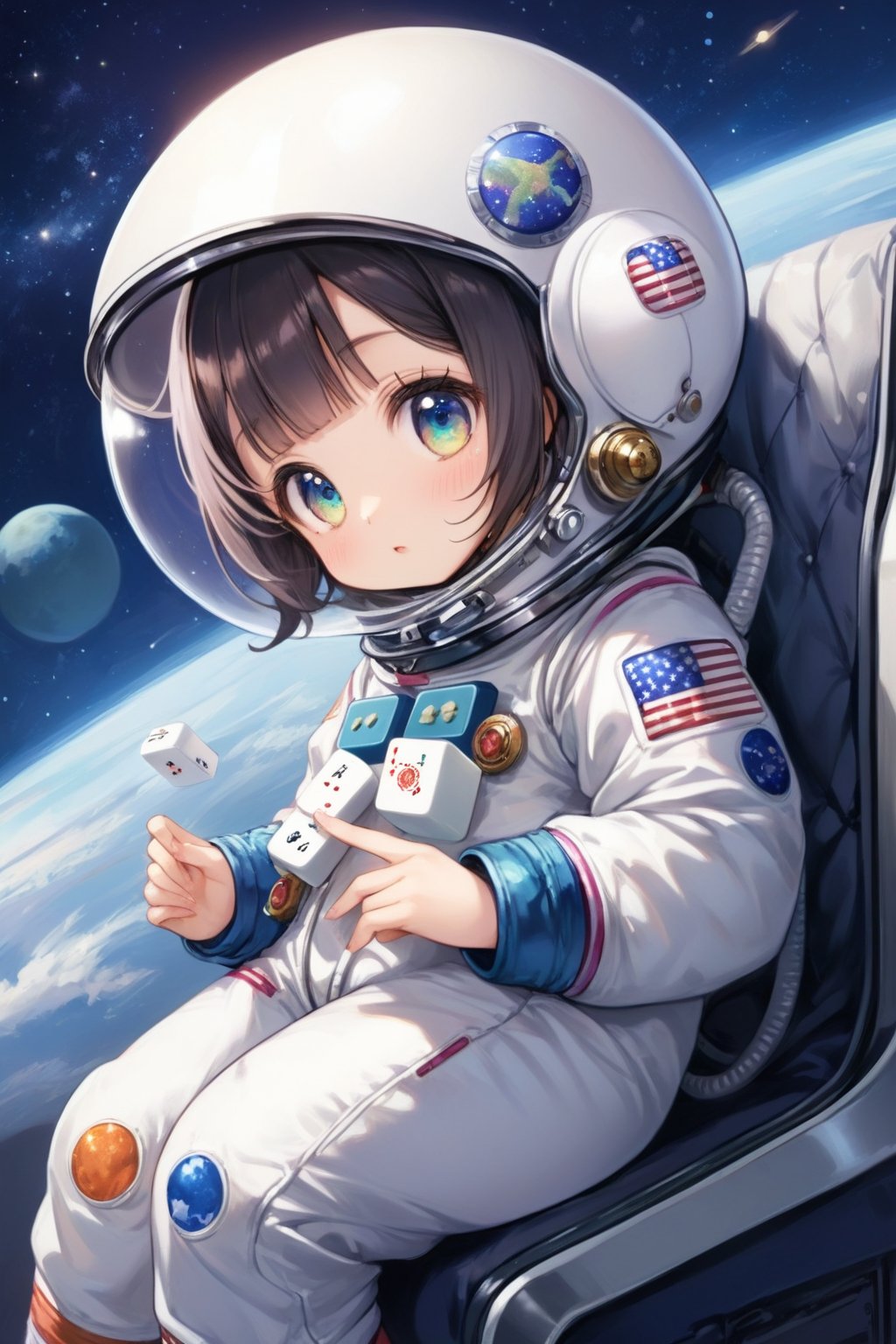 (1girl,little girl,girl focus),full body,sitting,kawaii,astronauts,(1mahjong,huge mahjong,sitting on mahjong),starry sky background,masterpiece,4K,best quality,fantasy,concept,(detailed eyes),meticulous,detail processing,PVC Style,space suit,spacesuit helmet,