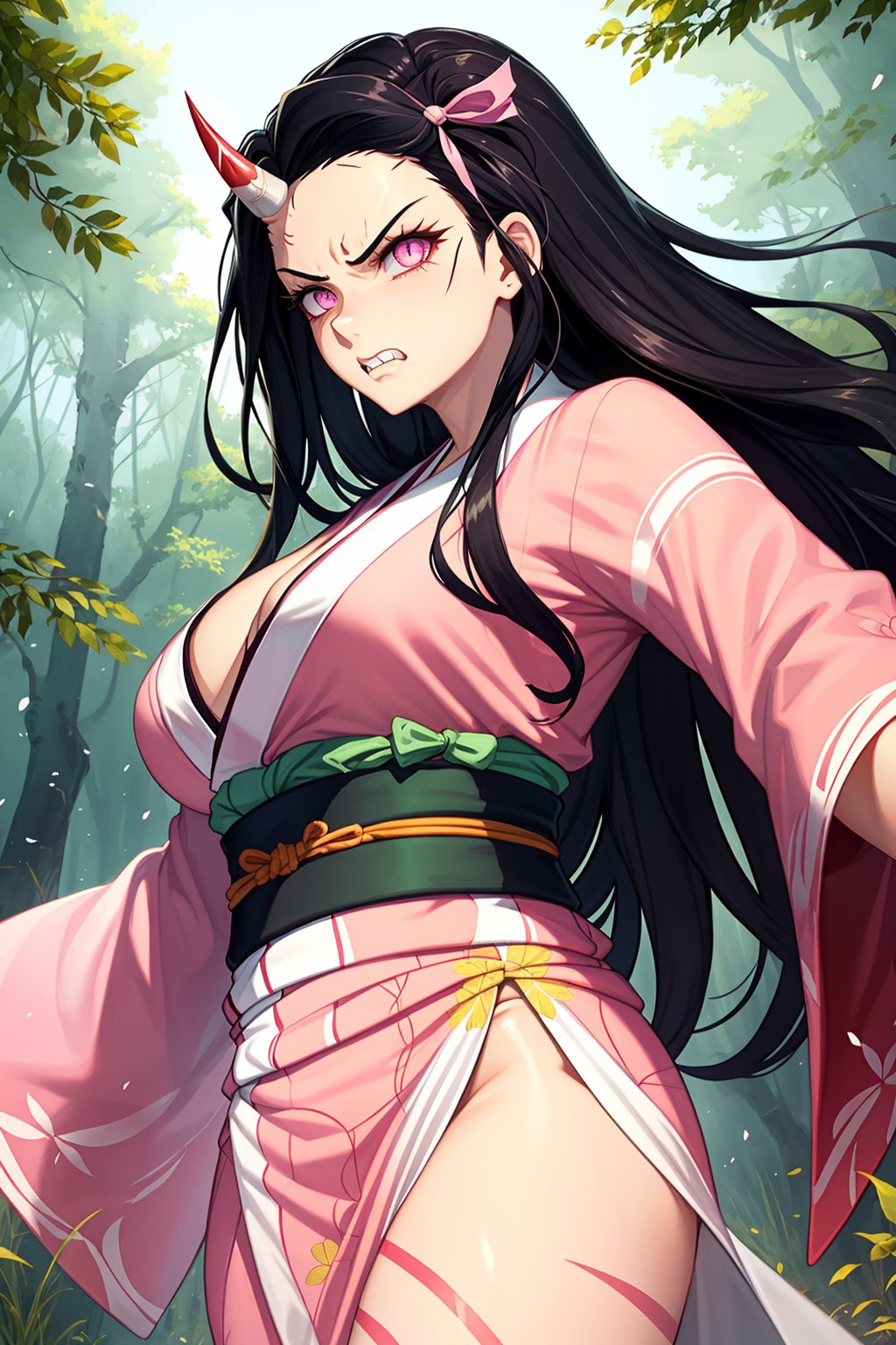 1girl,(huge muscle,muscular),nezuko kamado,single horn,angry,fang,clenched teeth,black hair, forehead,hair ribbon, long hair, multicolored hair, pink eyes, orange hair, slit pupils, wavy hair, two-tone hair, asa no ha (pattern), checkered sash, haori, japanese clothes, kimono, long sleeves, obi, pink kimono, sash, wide sleeves,forest,dynamic angle,dynamic pose,extremely excellent composition,visual appeal,pointed nails,