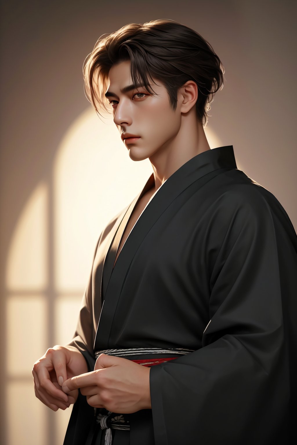 beautiful  fingers,finger length,backlighting,masterpiece,visual appeal,4K,best quality,1boy,brown hair,long hair,(detailed eyes),handsome,(cowboy shot),experienced,Japanese style,ronin,Ronin's hair,kimono,hakama,thin sash,ink,splash style background,masculine,manly,