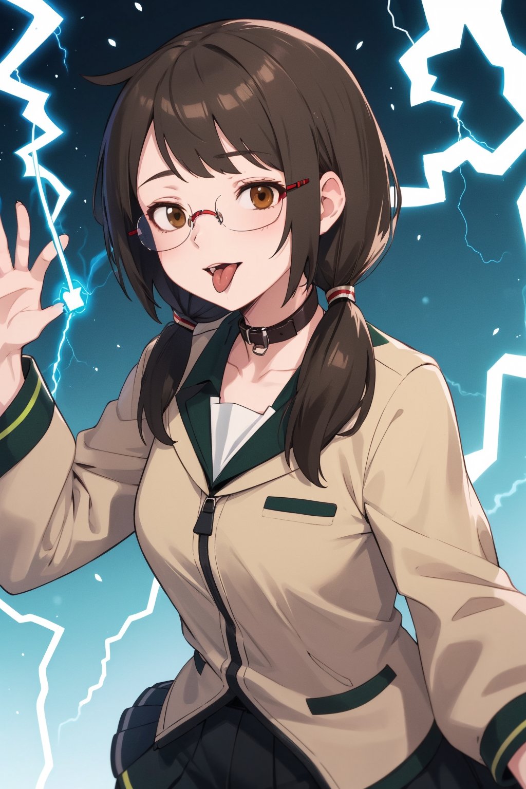 1girl,solo,parted bangs,brown hair,long hair,messy hair,brown eyes,green stand collar jacket,low twintails,Stand collar,glasses,tongue,tongue out,parody,(electricity: 1.2),Yozakura Quartet\,Kotoha Isone\,