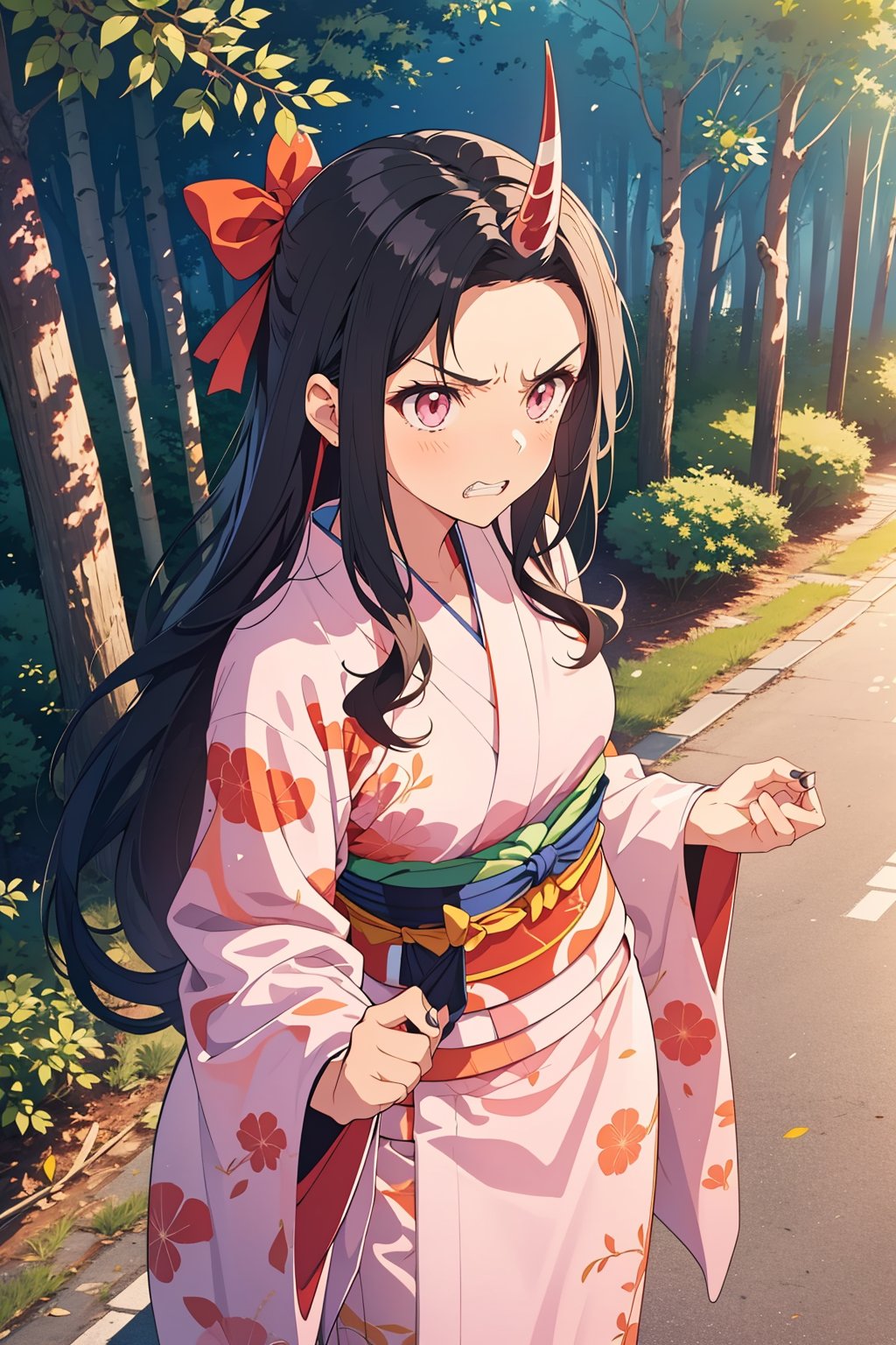 1girl,(huge muscle,muscular),nezuko kamado,single horn,angry,fang,clenched teeth,black hair, forehead,hair ribbon, long hair, multicolored hair, pink eyes, orange hair, slit pupils, wavy hair, two-tone hair, asa no ha (pattern), checkered sash, haori, japanese clothes, kimono, long sleeves, obi, pink kimono, sash, wide sleeves,forest,dynamic angle,dynamic pose,extremely excellent composition,visual appeal,pointed nails,