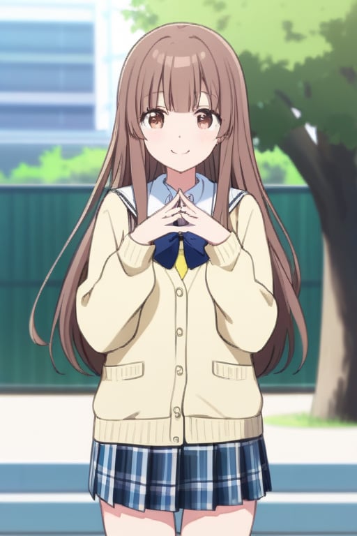 score_9, score_8_up, score_7_up, source_anime,(detailed eyes),nishimiya shouko\,shouko nishimiya\a silent voice\,1girl,cowboy shot,long hair,bangs,hair between eyes,brown hair,brown eyes,blue bowtie,school uniform,dark blue blazer,yellow cardigan,white shirt,long sleeves,pleated skirt,blue and white plaid pleated skirt,smile,tree,flower,thank you sign language,hand up,(fingers together and straightened,raise left hand horizontally,raise right hand vertically),