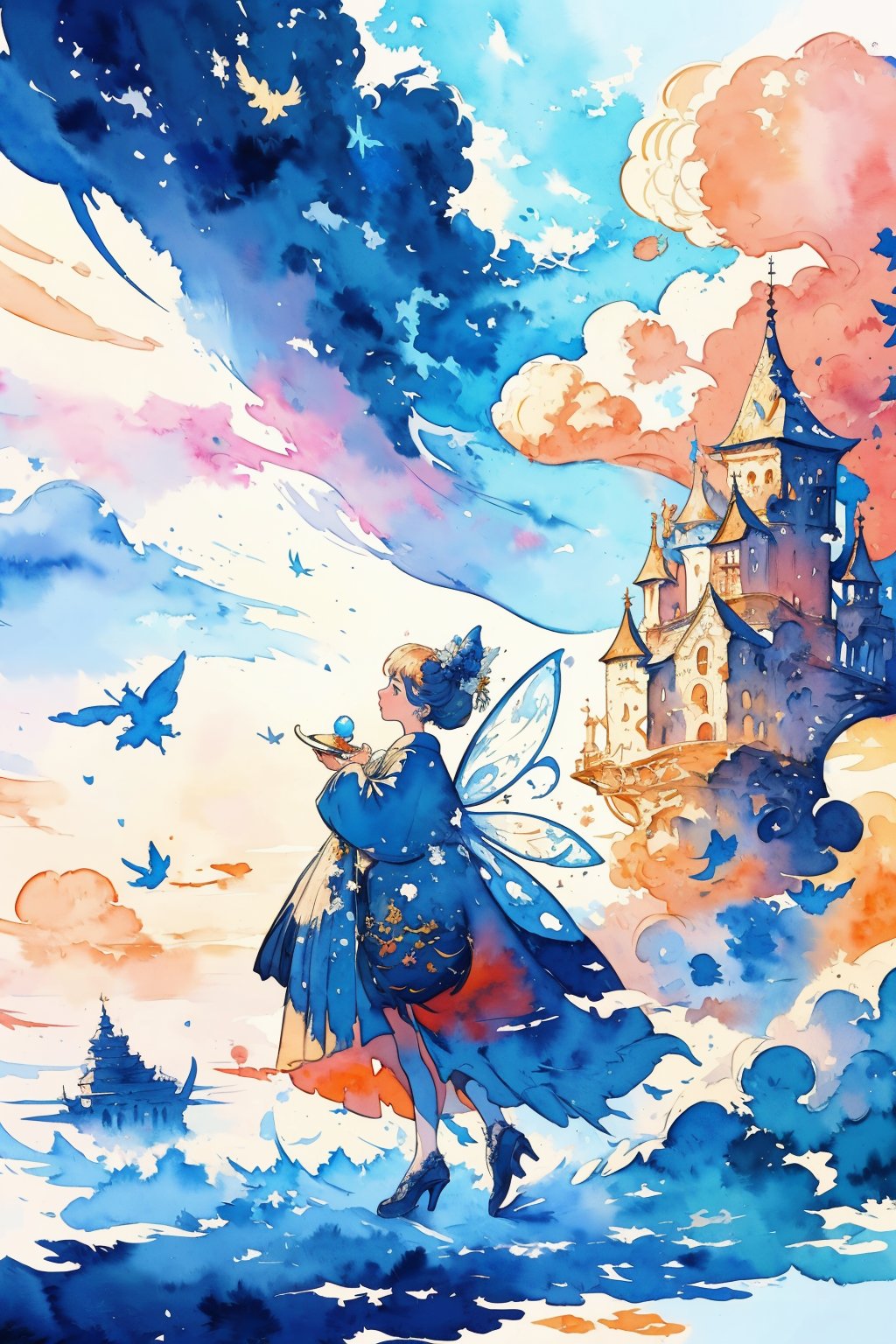 (watercolor style,gouache style,fairy tales,),crazy details,detailed,more details,masterpiece,absurdres,best quality,excellent composition,visual appeal,(beautiful and aesthetic,wide,far away shot,full body),