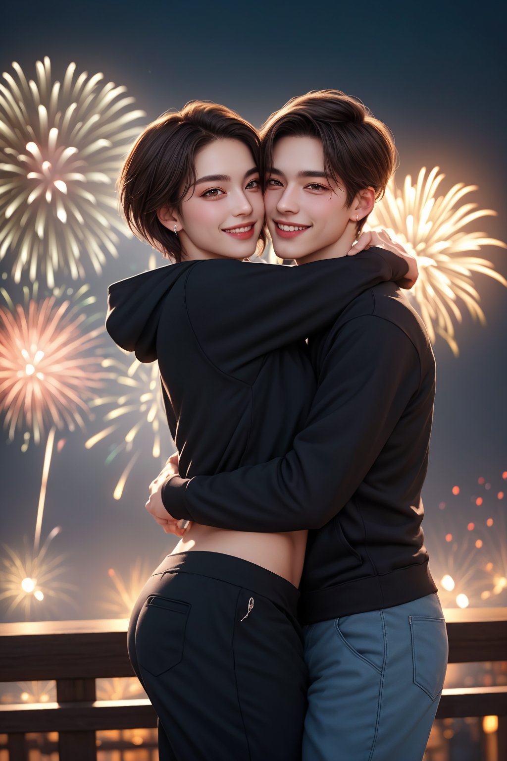 beautiful  fingers,finger length,masterpiece,visual appeal,4K,best quality,1boy,two people,1girl,brown hair,short hair,(detailed eyes),(cowboy shot),young,beautiful,couple,(hug,night,fireworks),hoodie,trousers,smile,