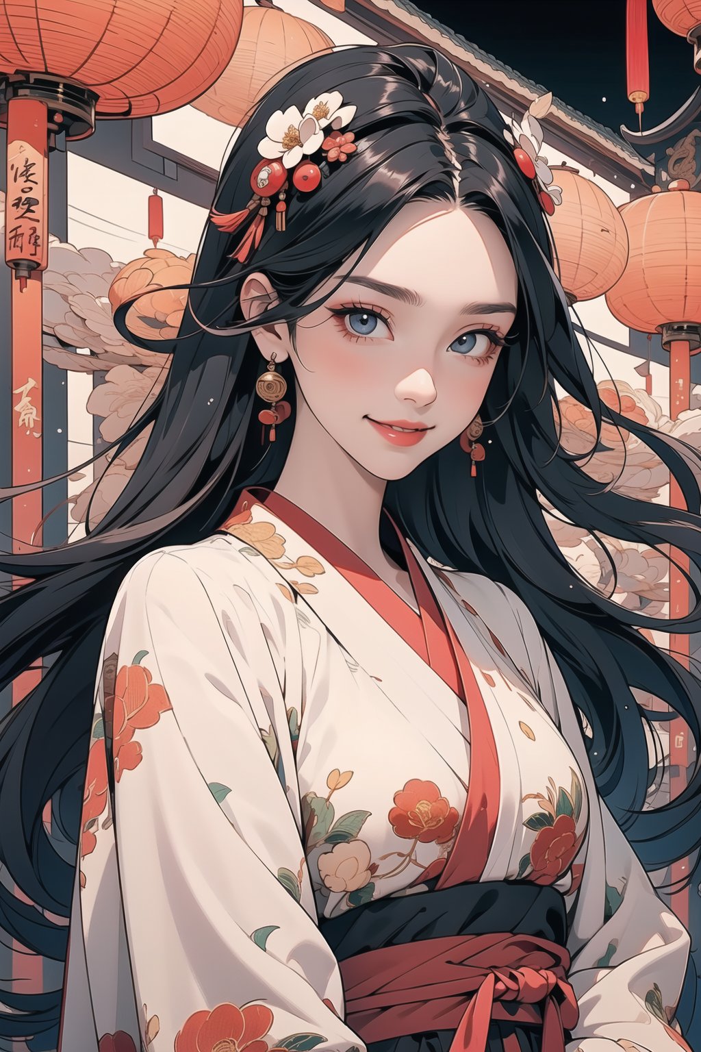 (upper body),wide shot,standing,1girl, long hair,black hair, dress, holding, jewelry, braid, earrings, hanfu,hair ornament,pink hanfu,outdoor,visual appeal,Chinese ancient background,delicate facial features,detailed eyes,deep eyes,masterpiece,architecture,building,night,lantern,glowing,laughter and joy,smile,laughter,joy,