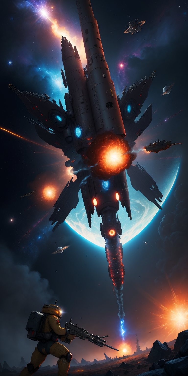 masterpiece,best quality,visual appeal,perfect composition,game art,futuristic,surreal,cosmic battlefield,outer space,at war,no humans,(cosmic flagship),(main gun firing),(energy beam),