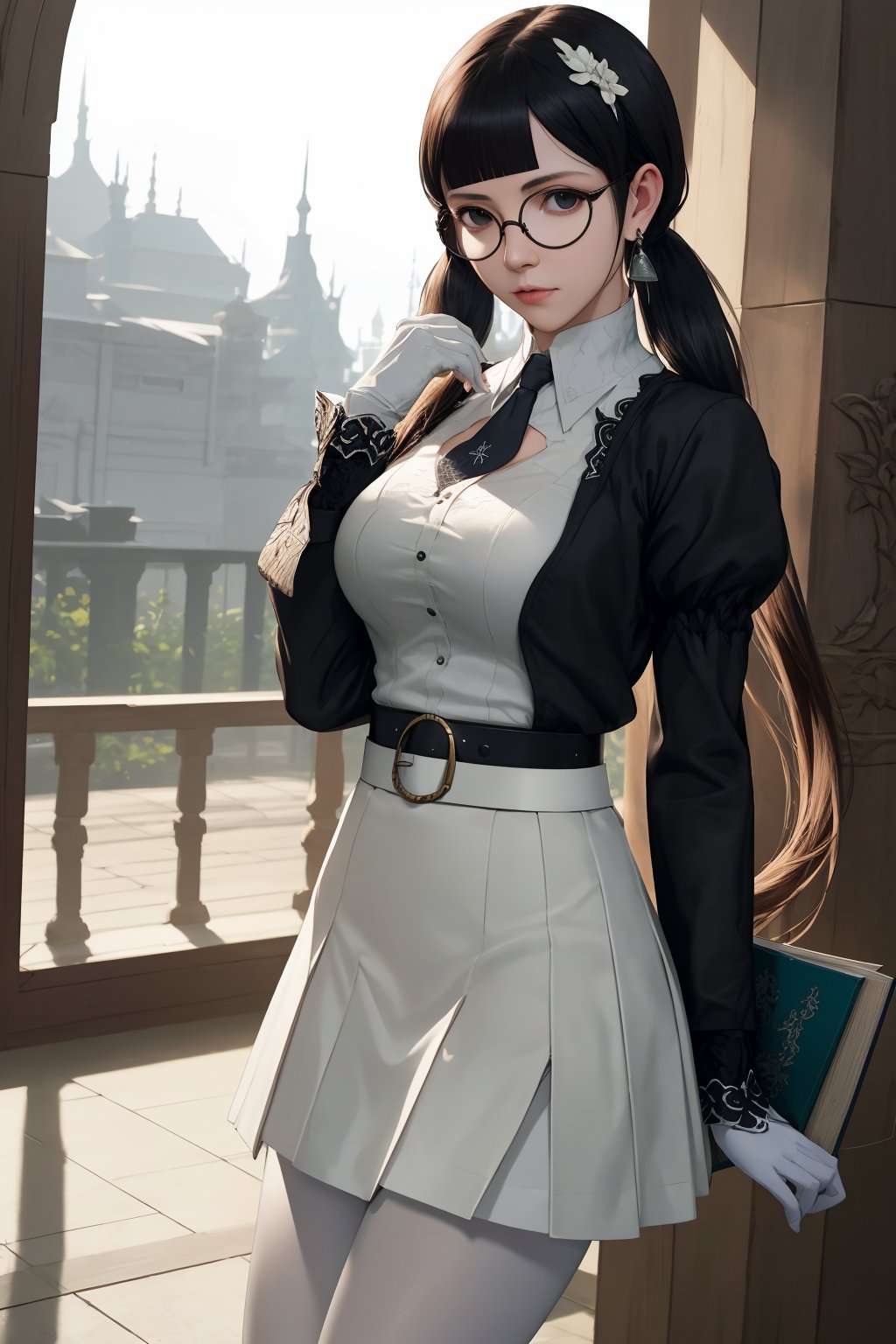 4K,masterpiece,best quality,1girl,(thigh-level perspective),(((accord \(drakengard 3\)))),standing,large breasts,black hair,long hair,low twintails,(blunt bangs),extremely detailed face,extremely detailed eyes,((glasses (round frame))),earrings,white collarless shirt,white detached collar,black ladies tie,long sleeves,juliet sleeves,(cufflinks),black gloves,belt,black flared skirt(short skirt),(white pantyhose),holding,book,holding book,open book,architecture,one arm behind back,