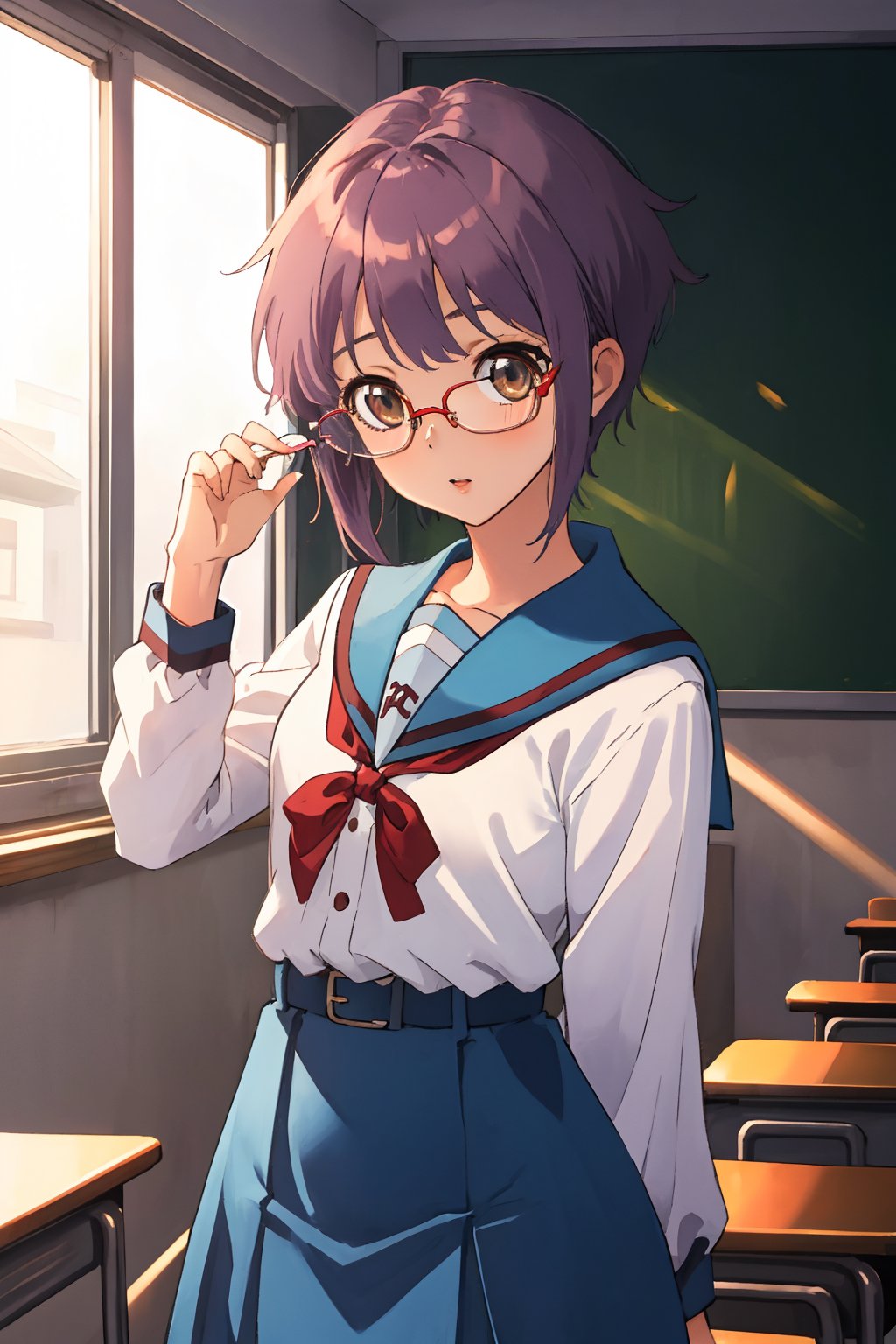 score_9, score_8_up, score_7_up, source_anime,best quality,nagato yuki\,(detailed eyes),(visual appeal),cowboy shot,short hair,bangs,purple hair,brown eyes,blue sailor collar,white serafuku,red ribbon,blue skirt,kita high school uniform,school classroom,standing,arms behind back,((holding glasses)),alien,