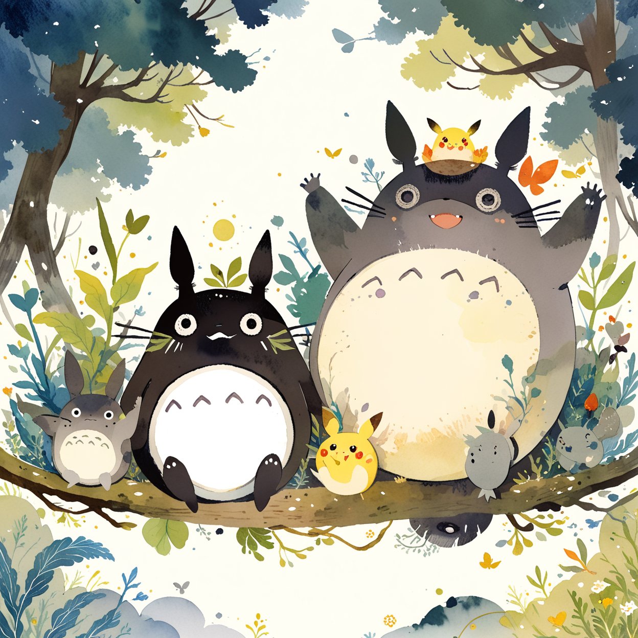 Totoro,Pokemon,Children's Illustration Style,watercolor \(medium\)