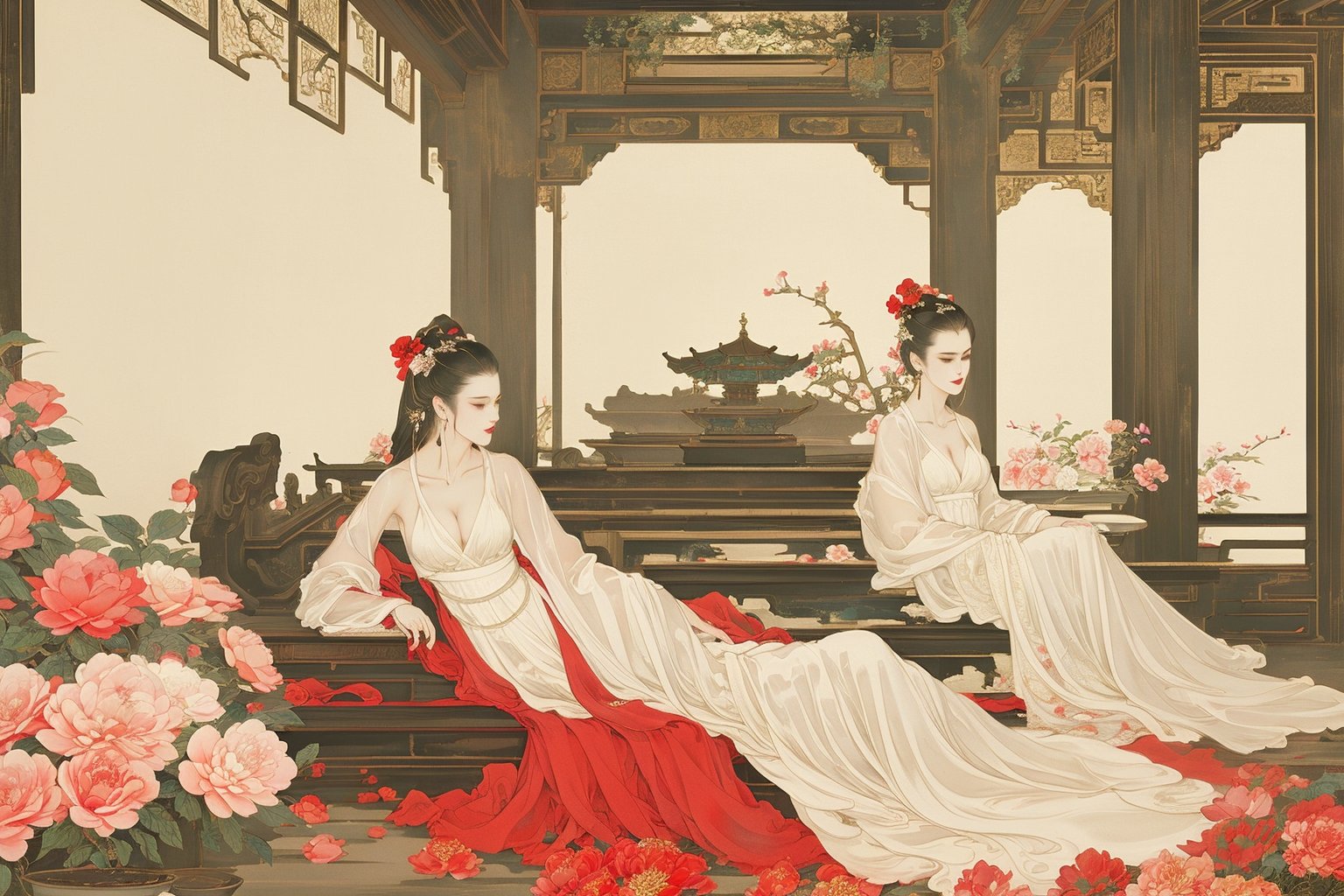 ((4k,masterpiece,best quality)),white,traditional chinese ink painting,1girl,((full body)),very long hair,hanfu,maxiskit,cleavage,((chiffon)),original,enchanting radiance,visual appeal,dynamic pose,((flowers,architecture,dreamlike)),indoors,((lying)),window,ancient chaise longue,