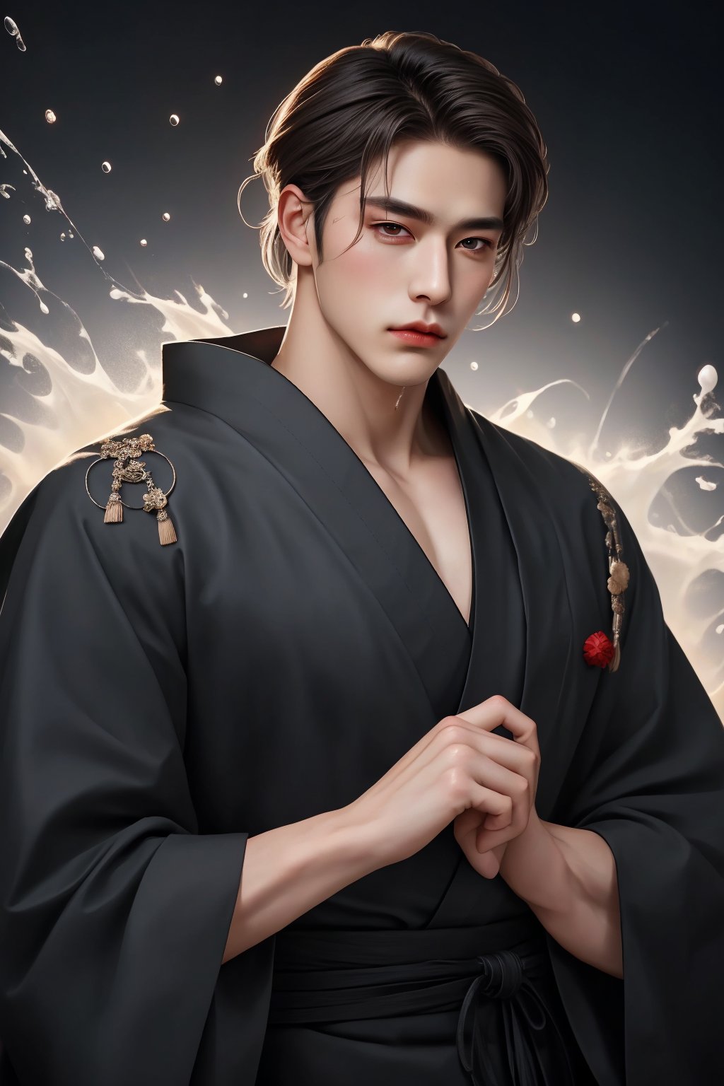 beautiful  fingers,finger length,masterpiece,visual appeal,4K,best quality,1boy,brown hair,(detailed eyes),handsome,(cowboy shot),experienced,Japanese style,ronin,Ronin's hair,kimono,hakama,thin sash,ink,splash style background,