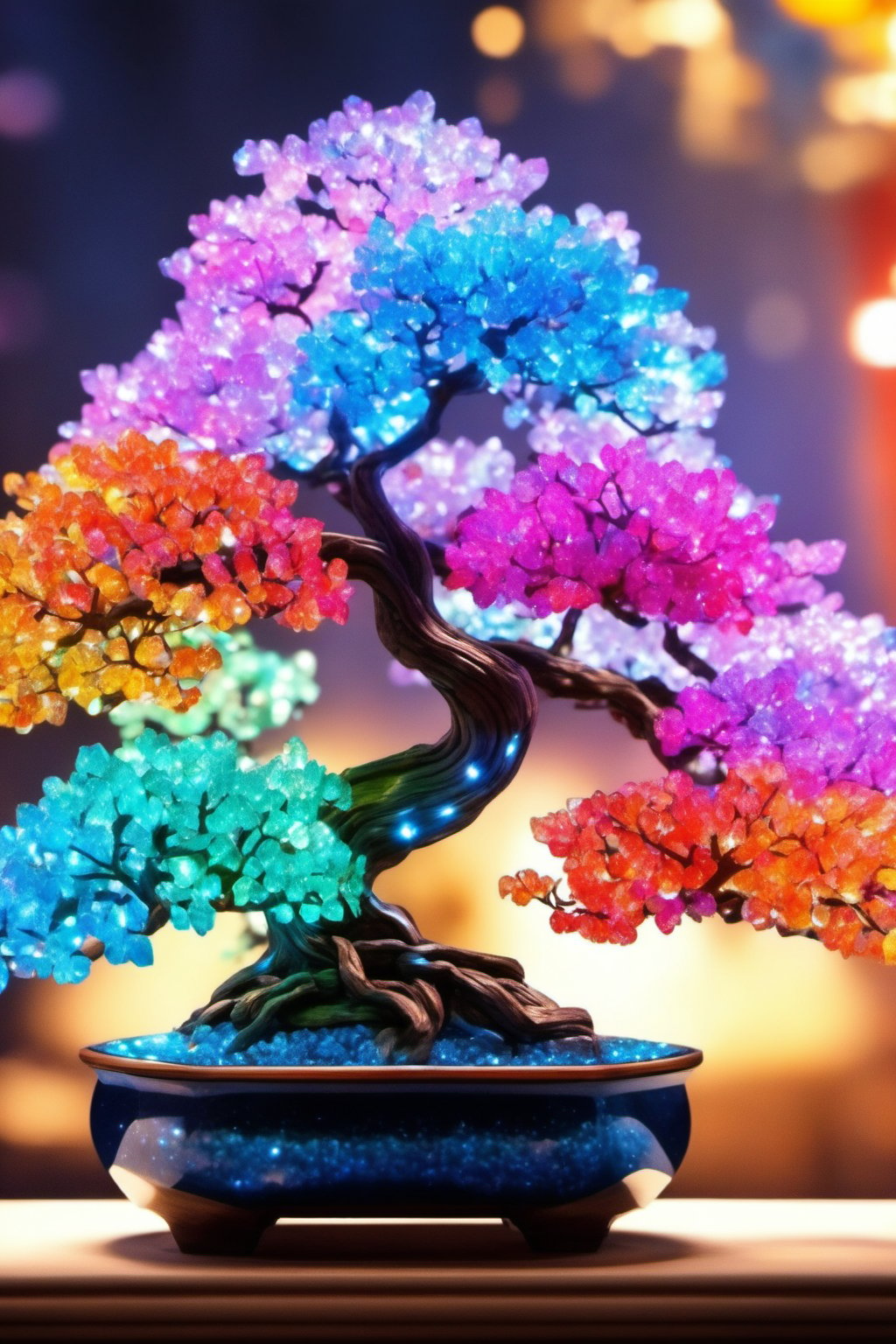 bonsai,branches and trunks made of diamond,leaves made of gem,transparent branches and trunks,gem,aethetic,8k Ultra HD,masterpiece,product view,specialty store,bokeh,colorful,