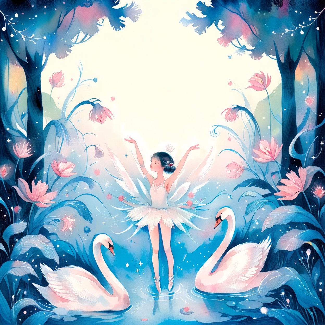 Swan Lake,neon,Children's Illustration Style,watercolor \(medium\)