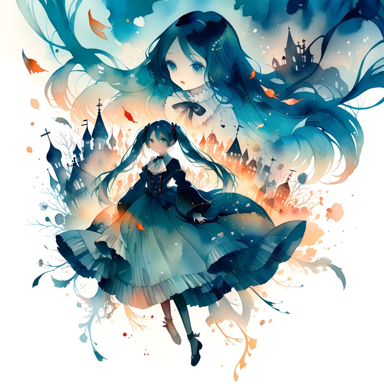 The Phantom of the Opera,Hatsune Miku,double exposure,Children's Illustration Style,watercolor \(medium\)