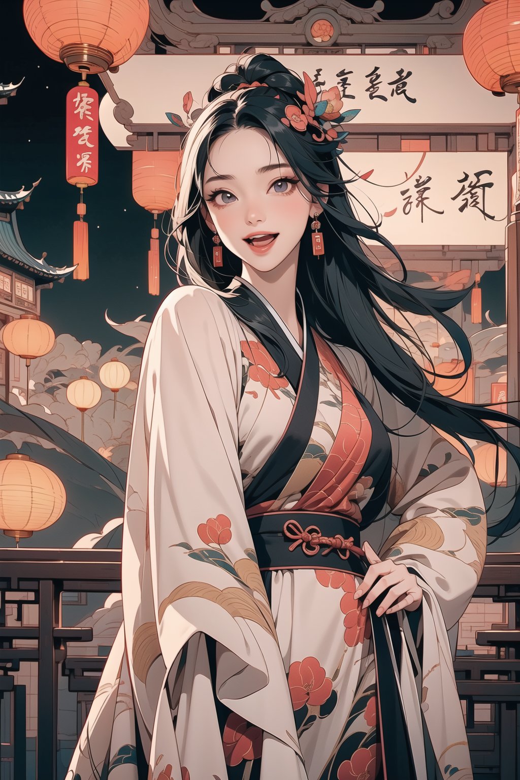 wide shot,standing,1girl, long hair,black hair, dress, holding, jewelry, braid, earrings, hanfu,hair ornament,pink hanfu,outdoor,visual appeal,Chinese ancient background,delicate facial features,detailed eyes,deep eyes,masterpiece,architecture,building,night,lantern,glowing,laughter and joy,:d,laughter,joy,