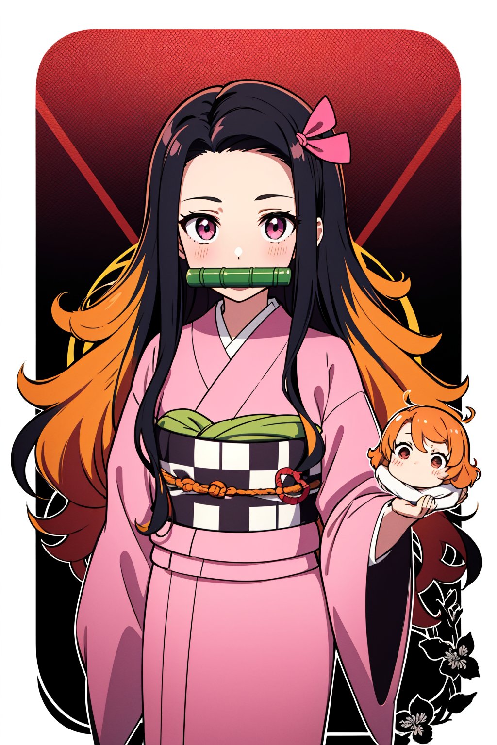 ((solid circle eyes,chibi)),1girl,nezuko kamado, bamboo, bit gag, black hair, forehead, gag, gagged, hair ribbon, long hair, multicolored hair, orange hair, wavy hair, two-tone hair, asa no ha (pattern), checkered sash, haori, japanese clothes, kimono, long sleeves, obi, pink kimono, sash, wide sleeves, extremely excellent composition,visual appeal,contour,