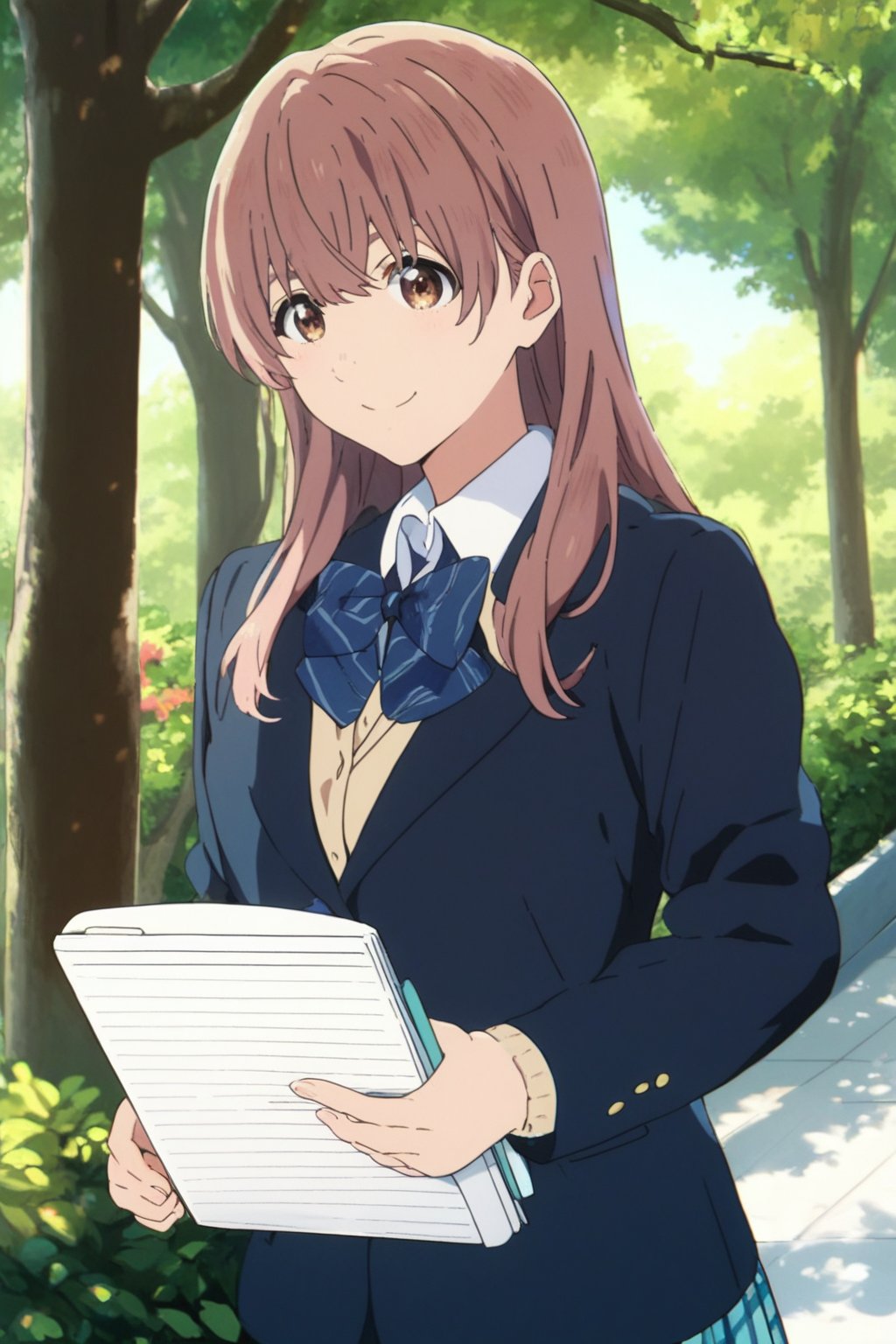 score_9, score_8_up, score_7_up, source_anime,(detailed eyes),shouko nishimiya,1girl,cowboy shot,long hair,bangs,brown hair,brown eyes,blue bowtie,blazer,blue and white plaid pleated skirt,smile,tree,holding notebook,open notebook,hand up,show notebook,(Notebook with text "thank you"),