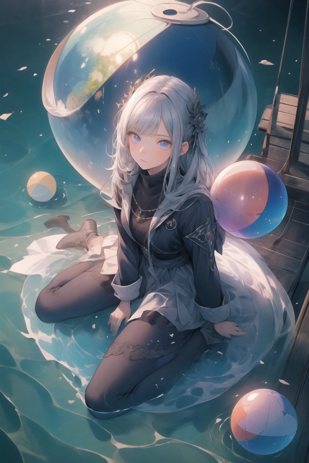 calm water scene,(masterpiece,4K,best quality,detailed eyes,detailed face),concept art,1girl,wariza,(a floating sphere),half the size of the picture,full sphere,(with a girl sitting on it),