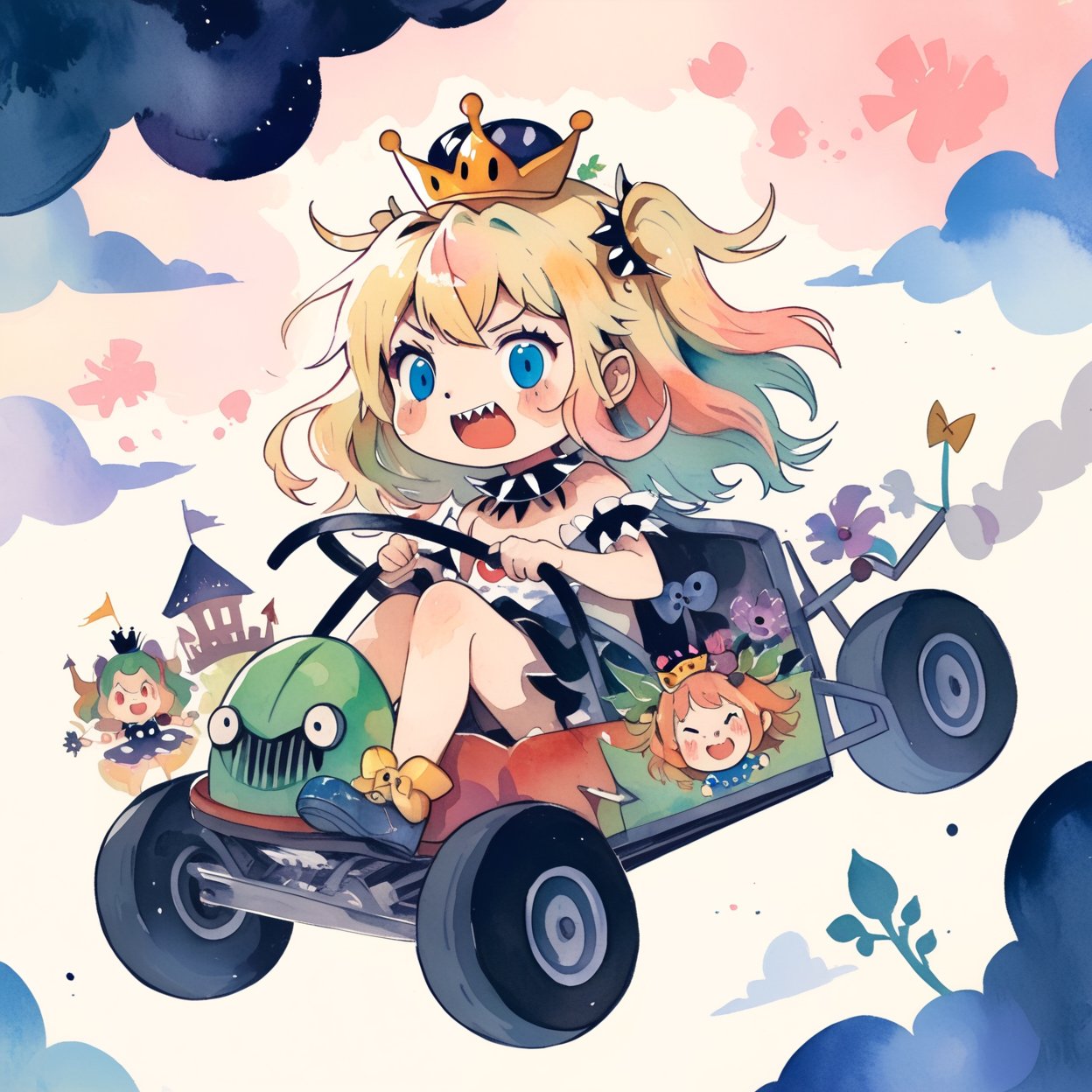 Bowsette,Kart,Children's Illustration Style,watercolor \(medium\)