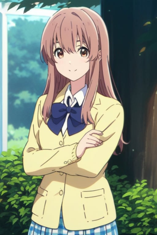 score_9, score_8_up, score_7_up, source_anime,(detailed eyes),nishimiya shouko\,shouko nishimiya\a silent voice\,1girl,cowboy shot,long hair,bangs,hair between eyes,brown hair,brown eyes,blue bowtie,school uniform,(dark blue blazer),yellow cardigan,white shirt,long sleeves,pleated skirt,blue and white plaid pleated skirt,smile,tree,((fingers together and straightened,raise left hand horizontally,raise right hand vertically)),yellow cardigan inside dark blue blazer,