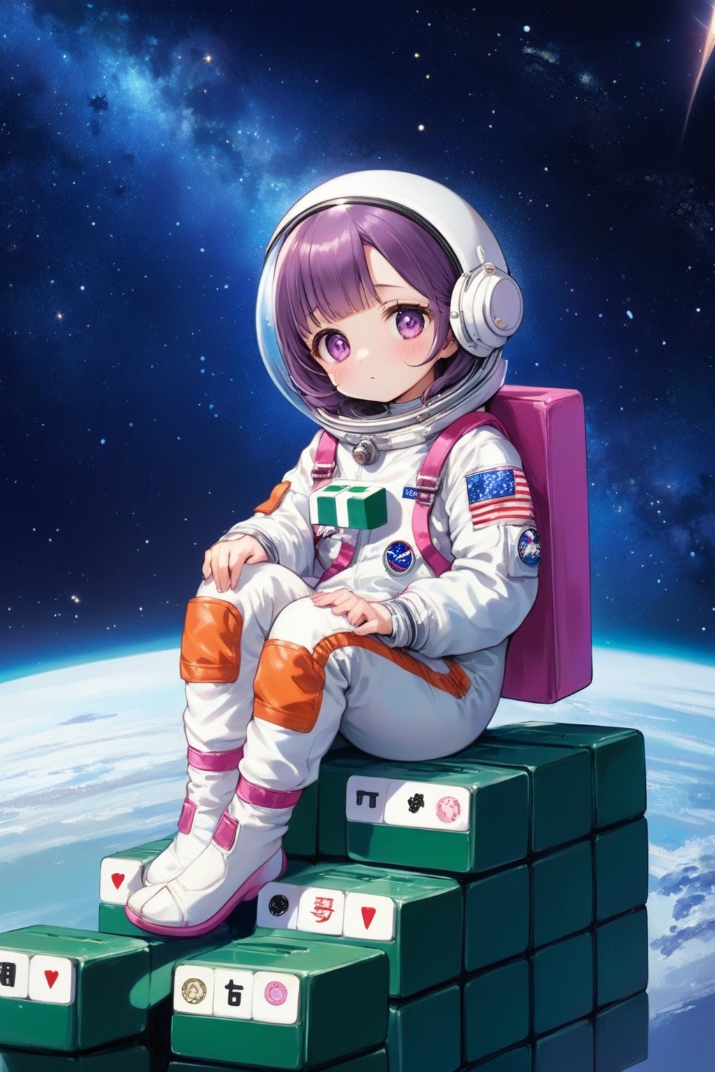 (1girl,little girl,girl focus),full body,kawaii,astronauts,(1mahjong,giant mahjong),(sits comfortably on a giant mahjong tile),starry sky background,masterpiece,4K,best quality,fantasy,concept,(detailed eyes),meticulous,detail processing,(PVC Style),space suit,spacesuit helmet,purple hair,purple eyes,(half closed eyes),