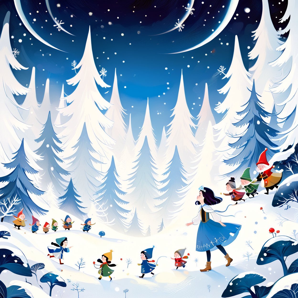 Princess Snow White,Snow White and the Seven Dwarfs,futuristic,Children's Illustration Style