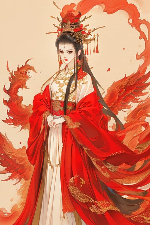 ((4K,masterpiece,best quality)),traditional chinese ink painting,hanfu,Chinese bride wedding dress,phoenix crown,red theme,(base color: red),