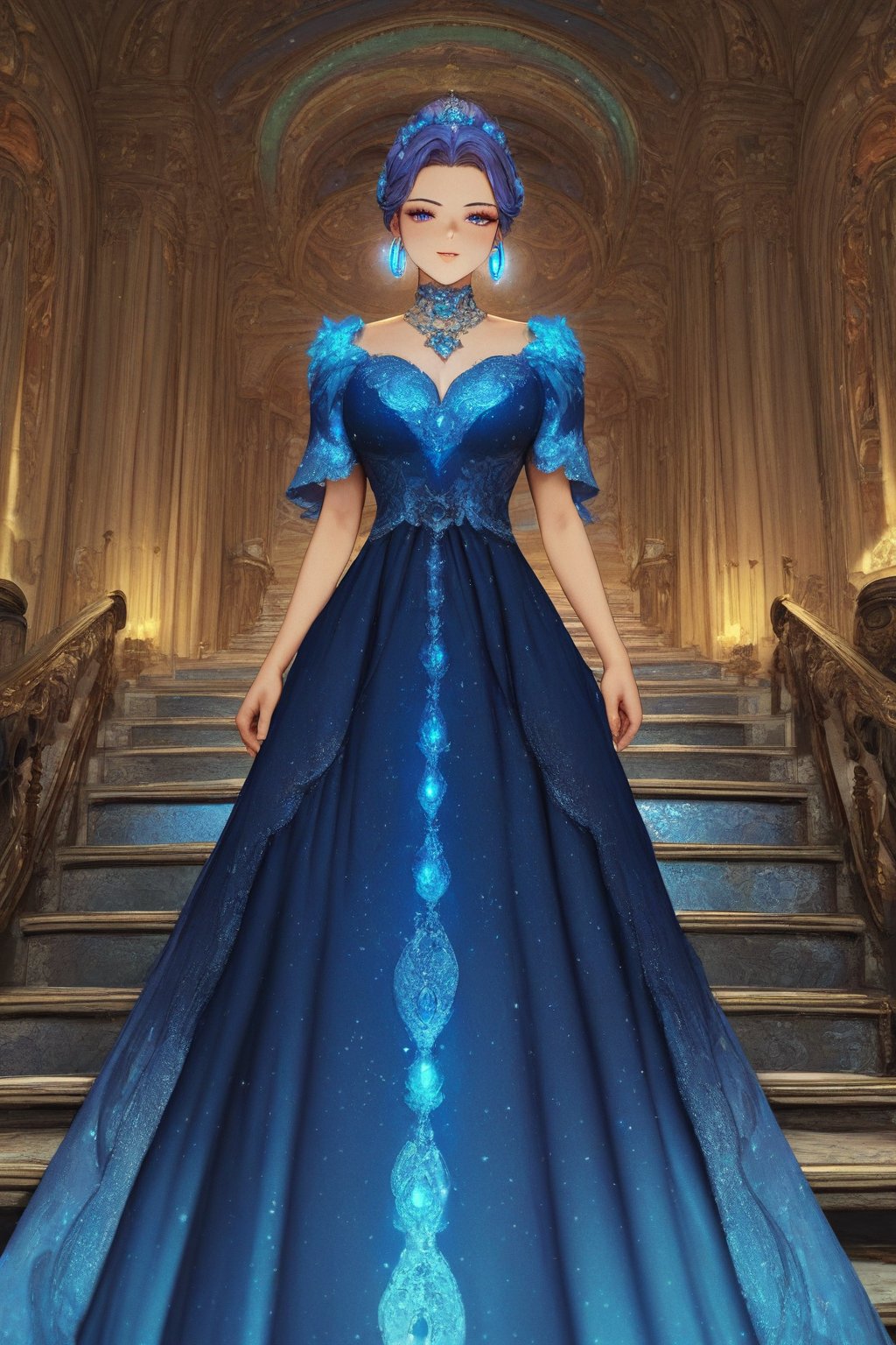 score_9, score_8_up, score_7_up, , 1girl,(cowboy shot),glowing,jewelry,stairs,indoors,gorgeous,starry sky dress,long dress,fluffy hoop skirt,elegant posture,(anime,2d),masterpiece,4K,best quality,beautiful and aesthetic,