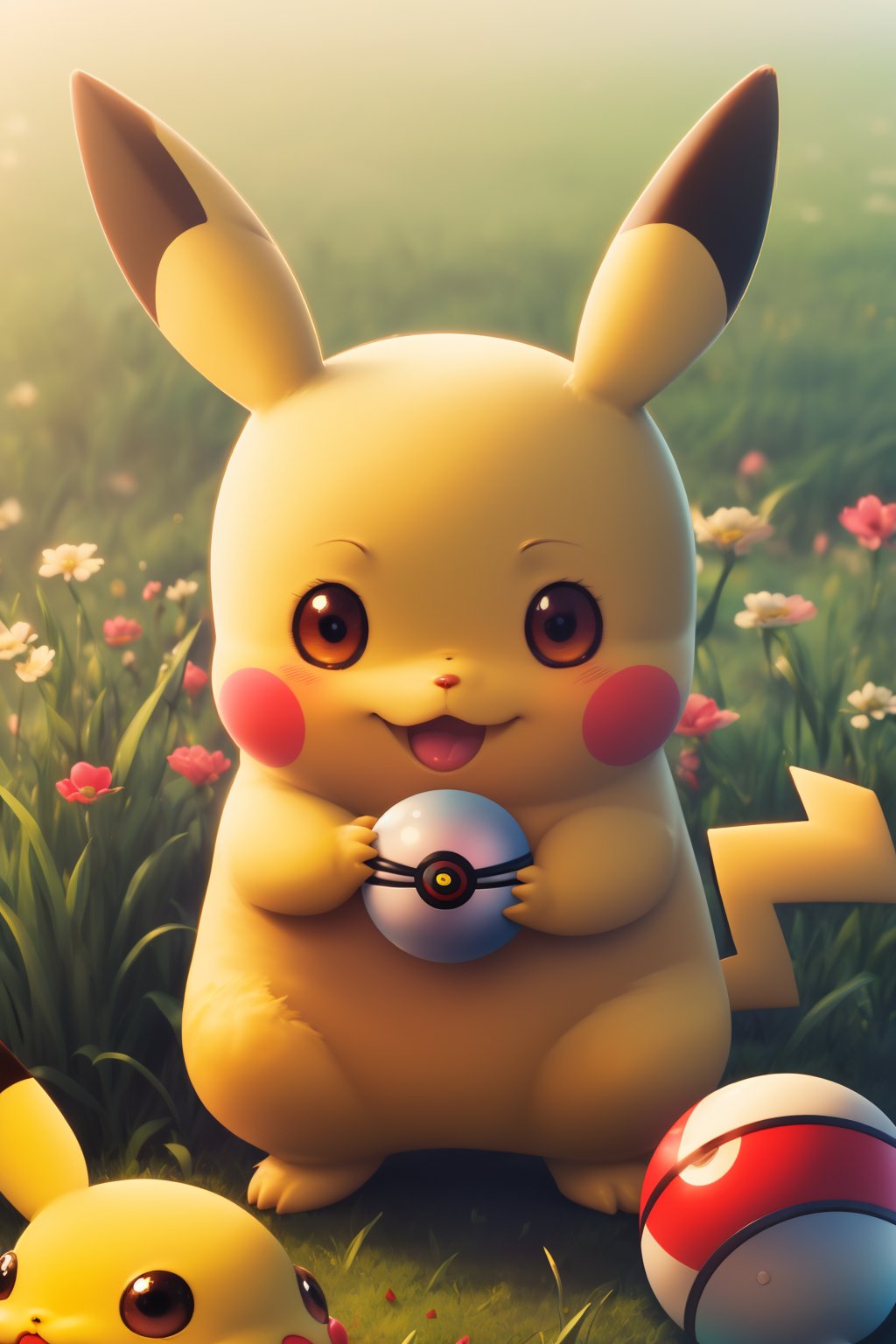 (4K,masterpiece,best quality),(create the cutest pikachu),pikachu\(pokemon\),holding,poke ball \(basic\),(holding a poke ball),no humans,grass,flowers,atmospheric particles,natural lighting,