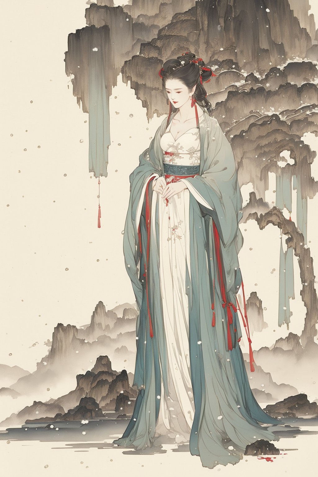 ((4k,masterpiece,best quality)),white,traditional chinese ink painting,1girl,((full body)),very long hair,hanfu,maxiskit,cleavage,((chiffon)),original,visual appeal,elegant posture,scenery,((snow scene)),(((extremely detailed background))),