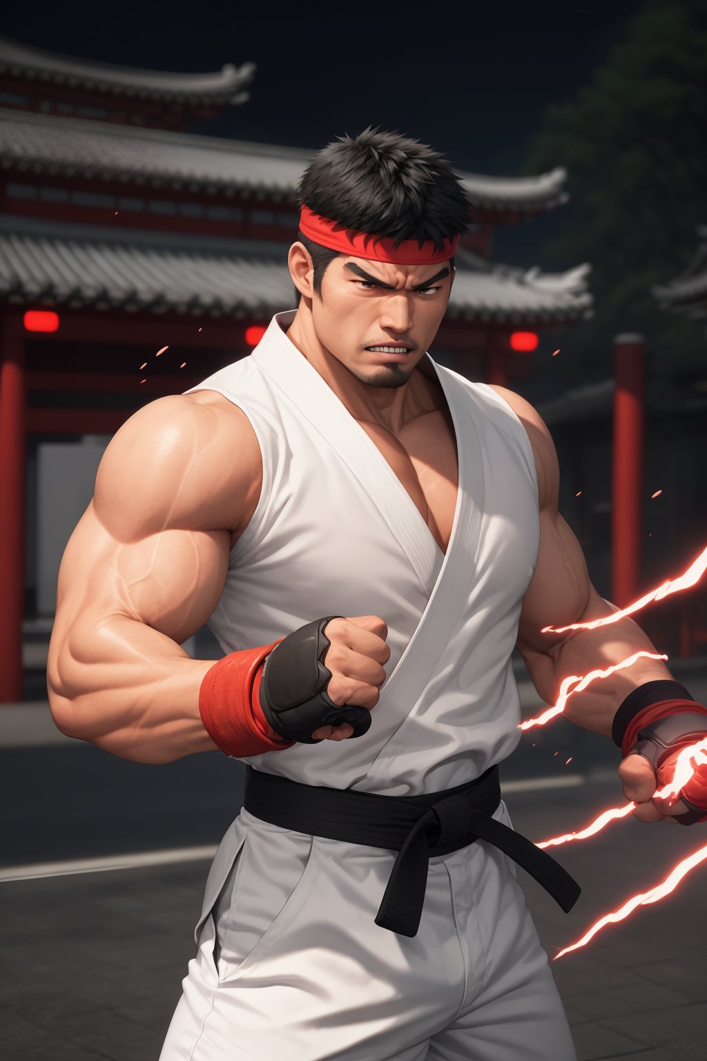 masterpiece,4K,best quality,(visual appeal),ryu \(street fighter\),((upper body)),(black hair,short hair,detailed face,detailed eyes),red headband,white dougi,sleeveless,(torn clothes),white dojo pants,black martial arts belt,red fingerless gloves,muscular,(standing),fighting stance,dynamic angle,dynamic pose,intense face,angry,clenched teeth,((motion blur,motion lines)),(glowing,electricity,east asian architecture),(IncrsPunchMeme),(punch),