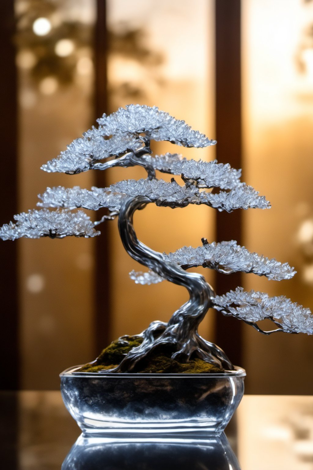 bonsai,branches and trunks made of glass,leaves made of silver(metal),transparent branches and trunks,metallic feel,metal reflective,silver,metal,silver metal,aethetic,8k Ultra HD,masterpiece,product view,specialty store,bokeh,