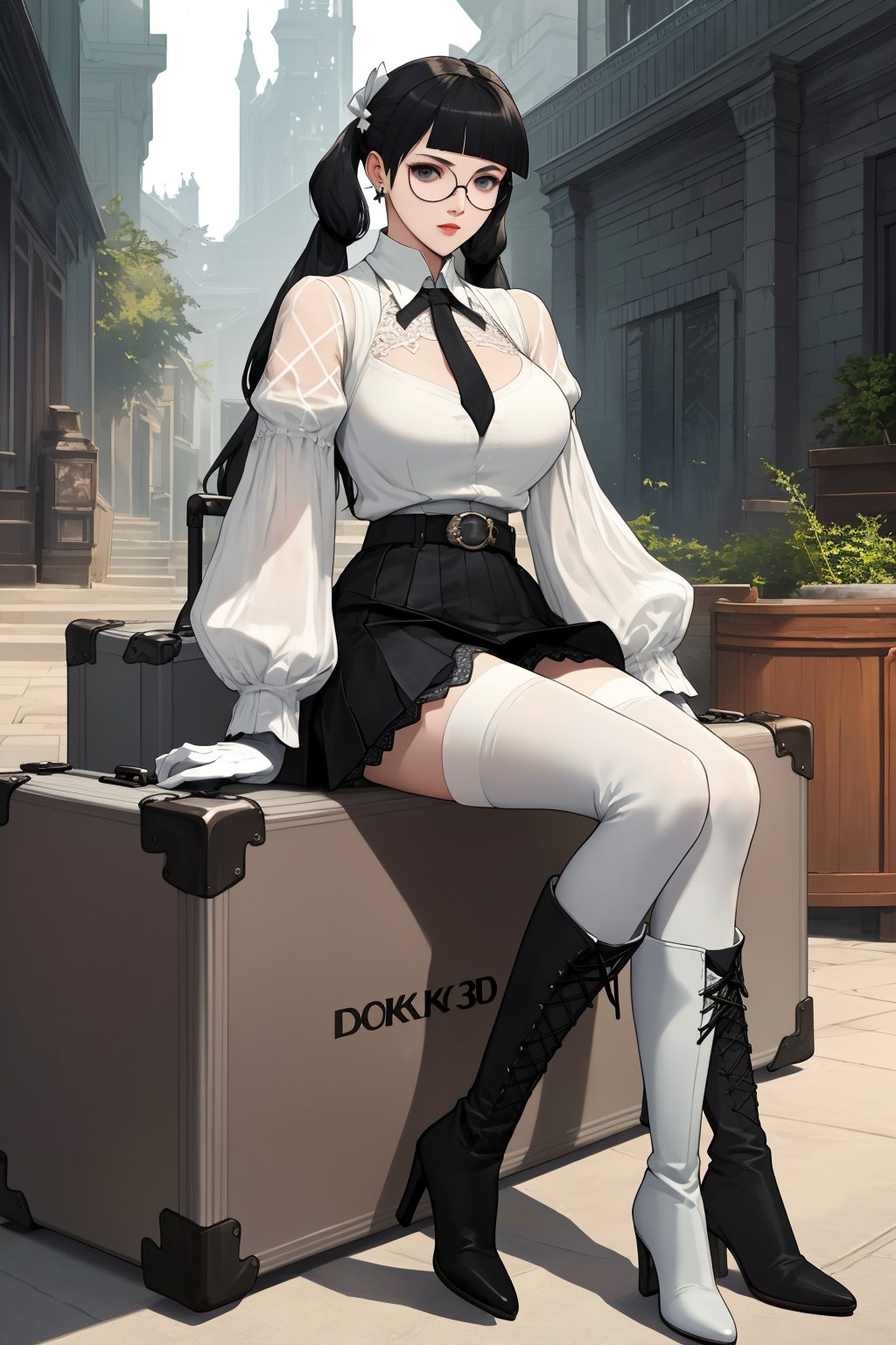 4K,masterpiece,best quality,1girl,full body,(((accord \(drakengard 3\)))),large breasts,black hair,long hair,low twintails,(blunt bangs),extremely detailed face,extremely detailed eyes,((glasses (round frame))),earrings,white collarless shirt,white detached collar,black ladies tie,long sleeves,juliet sleeves,(cufflinks),black gloves,belt,black flared skirt(short skirt),(white pantyhose),((black over-the-knee boots)),black lace-up front boots,(black high heels),huge suitcase,huge collectors briefcase,holding,book,holding book,open book,architecture,