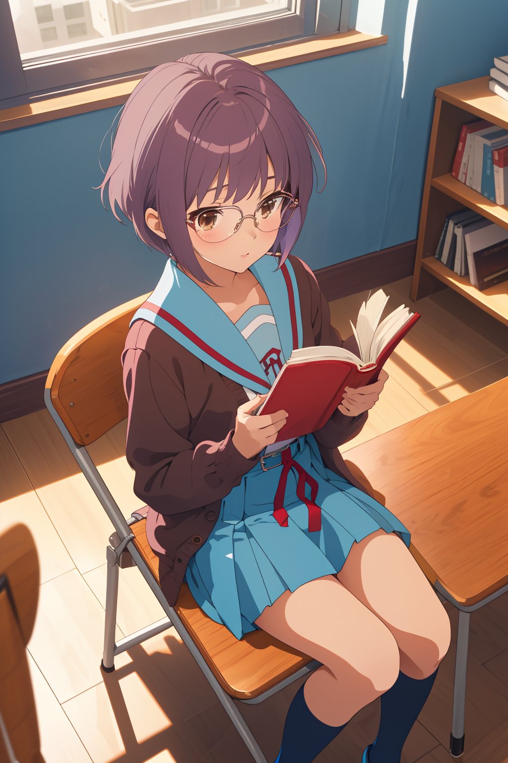 score_9, score_8_up, score_7_up, source_anime,best quality,highres,ny1,nagato yuki\,full body,(from front),from above,solo,short hair,bangs,purple hair,glasses,brown eyes,blue sailor collar,serafuku,red ribbon,blue skirt,long sleeves,brown cardigan,open cardigan,kita high school uniform,indoors,folding chair,sitting,book,holding book,open book,socks,uwabaki,look up,alien,