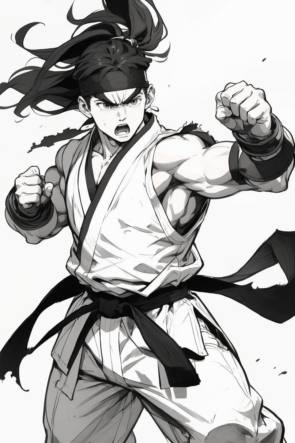 masterpiece,4K,best quality,ryu \(street fighter\),(cowboy shot),short black hair,detailed face,detailed eyes),black headband,white dougi,sleeveless,(torn clothes),white dojo pants,black martial arts belt,black fingerless gloves,barefoot,muscular,(35 years old),standing,fighting stance,dynamic angle,dynamic pose,(pencil sketch,monochrome),greyscale,simple background,intense face,angry,open mouth,sketchbook,pencil,