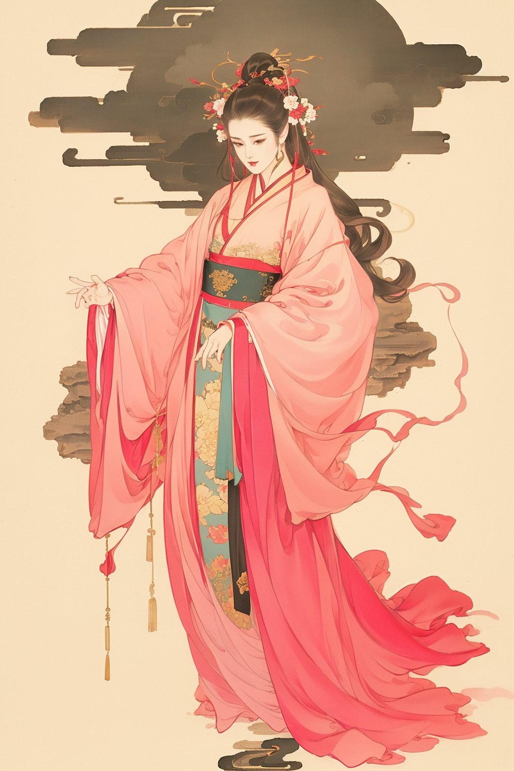 ((4k,masterpiece,best quality)),traditional chinese ink painting,1girl,(full body:1.3),very long hair,east asian architecture,slim,perfect body,glamour,hanfu,detailed eyes,original,(base color: pink),ancient dance,