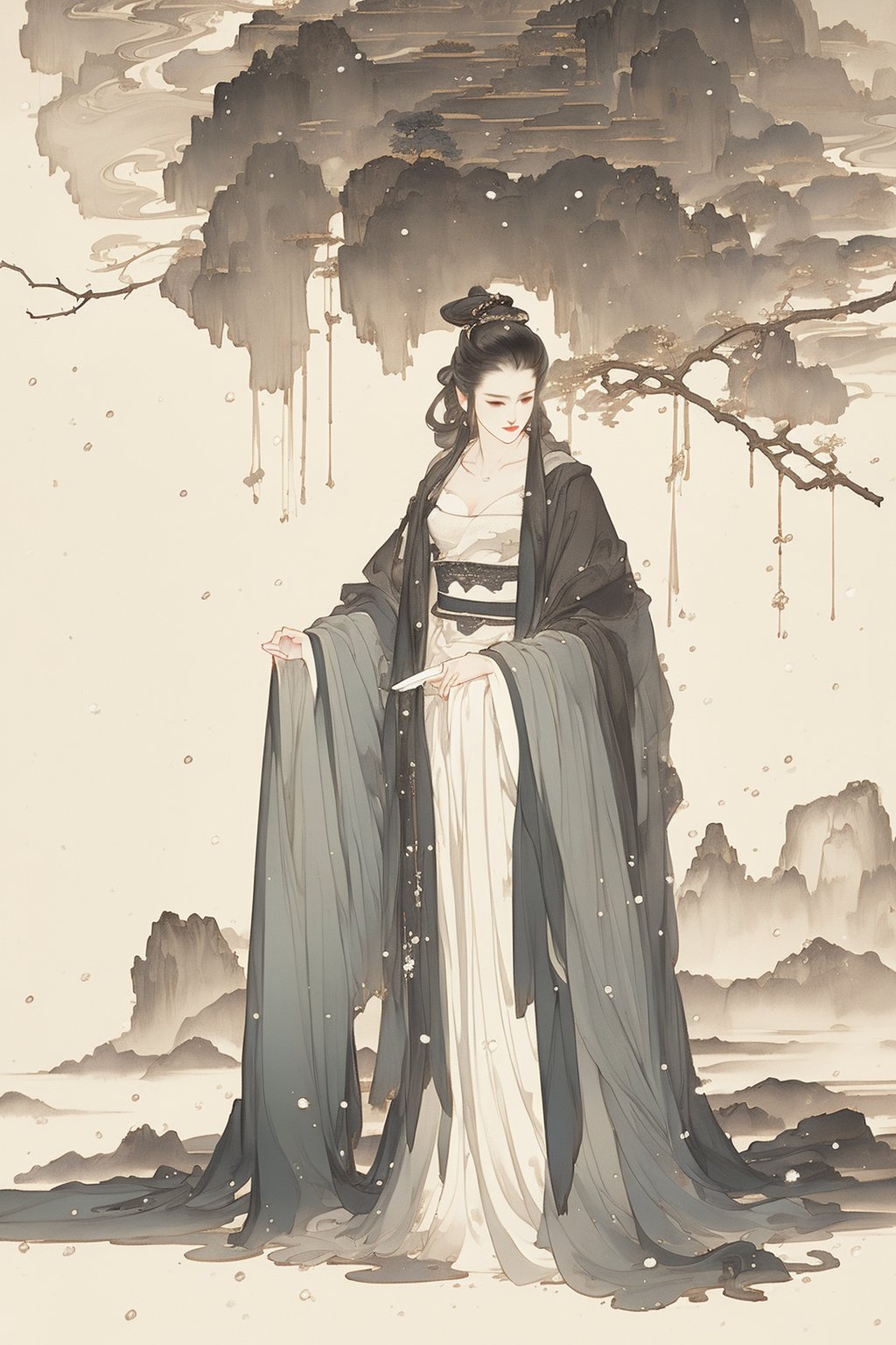 ((4k,masterpiece,best quality)),white,traditional chinese ink painting,1girl,((full body)),very long hair,hanfu,maxiskit,cleavage,((chiffon)),original,visual appeal,elegant posture,scenery,((snow scene)),(((detailed filling))),