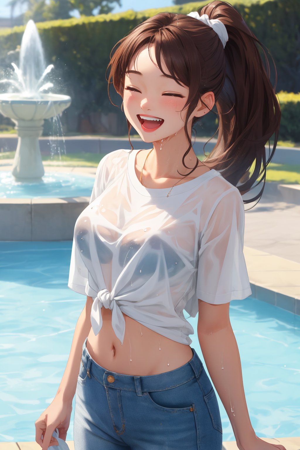 score_9,score_8_up,score_7_up,1girl,shiranui mai,large breasts,brown hair,brown eyes,long hair,high ponytail,parted bangs,masterpiece,8k UHD,delicate facial features,extremely detailed eyes,white tied t-shirt,navel,denim trousers,midriff,wet,see-through,laugh,smiling eyes,closed eyes,fountain,wide open mouth,laughter and joy,cute fangs,