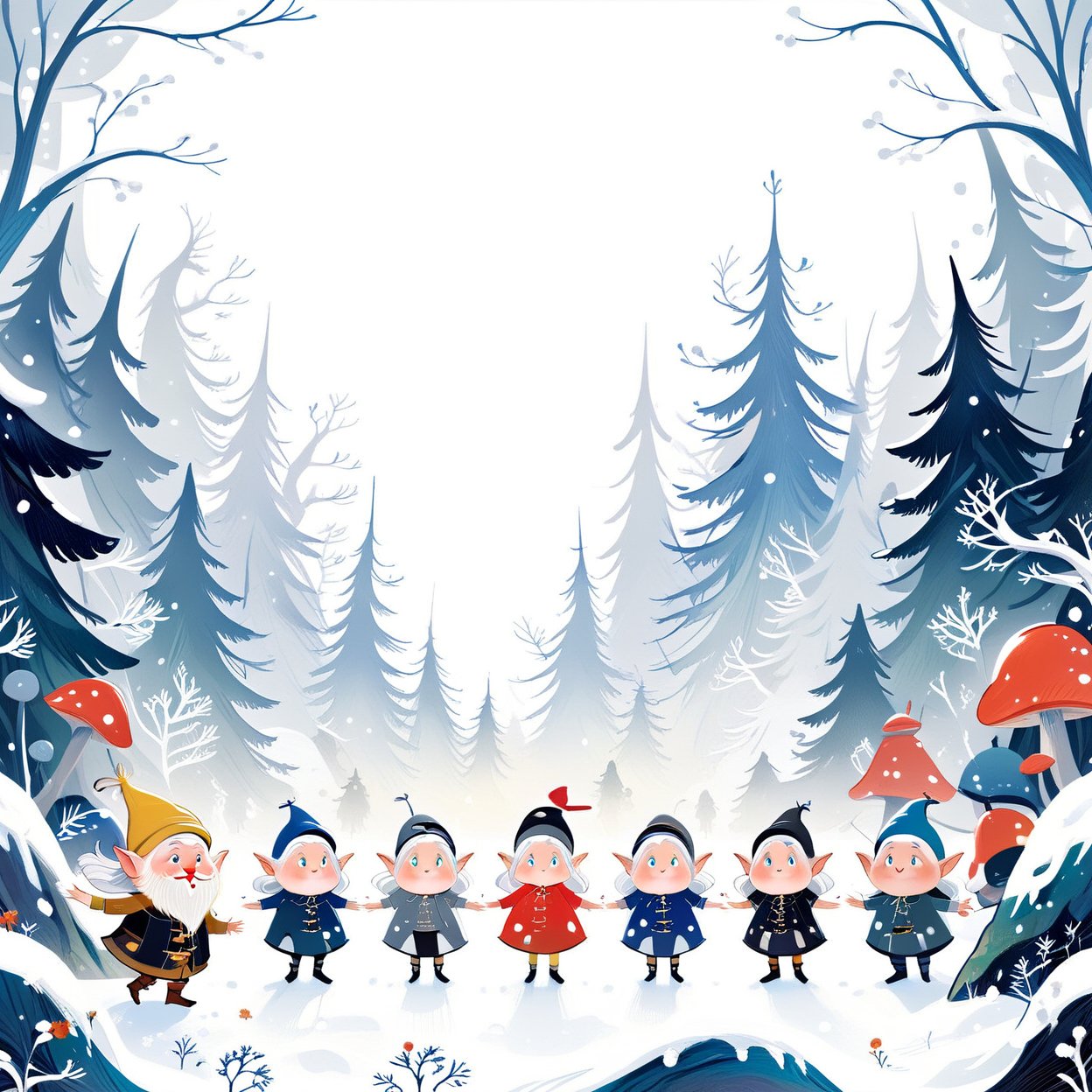 Snow White and the Seven Dwarfs,futuristic,Children's Illustration Style